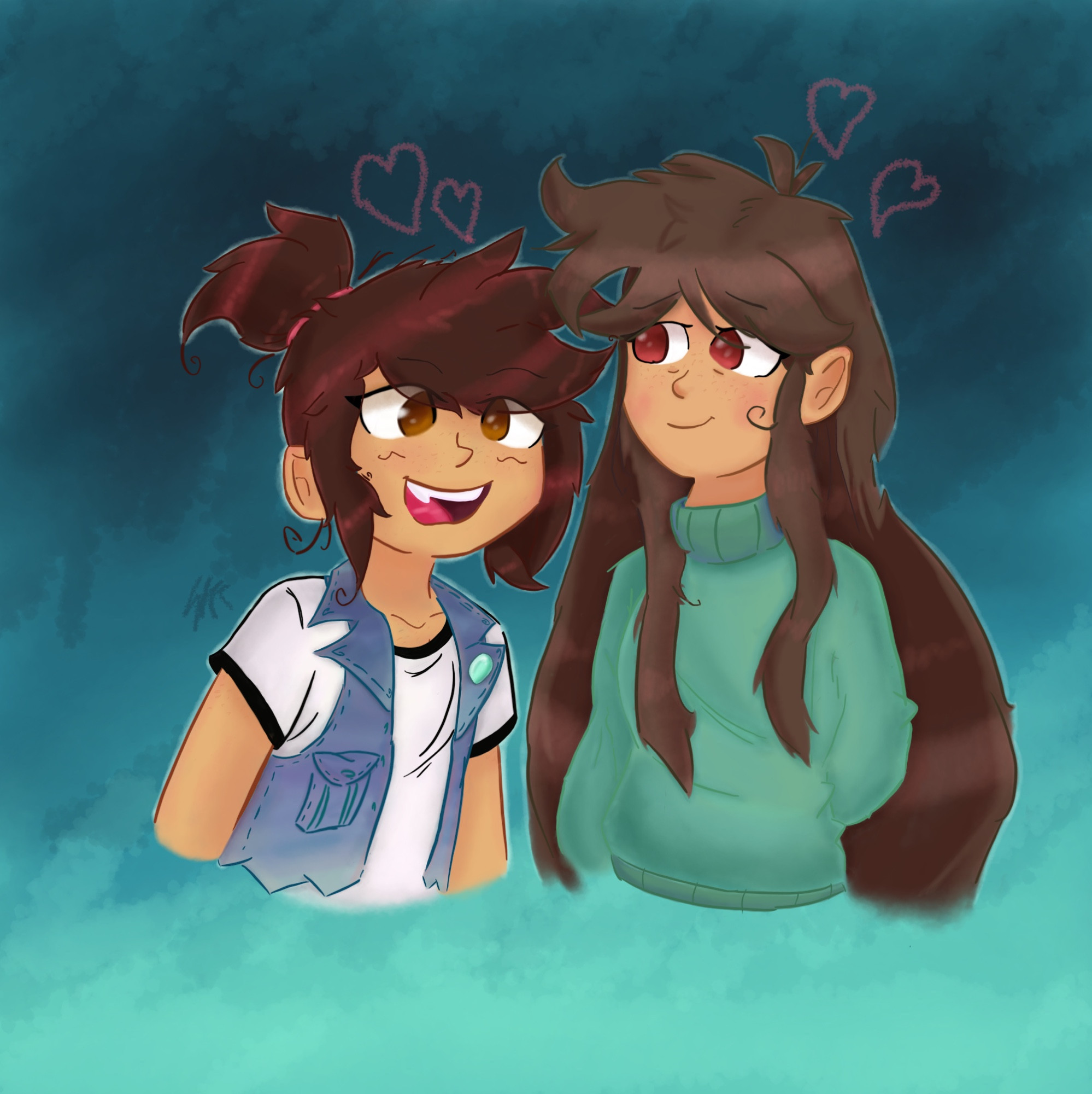 This fanart depicts two characters from The Ghost & Molly McGee with hearts floating above. Molly on the left and Libby on the right. Molly with her short red brown hair tied up in a ponytail wearing her iconic white T with a black collar and cuffs and jean jacket vest with a ghastly green eyeball button on the inside of her vest collar. While Libby with her naturally long faded brown hair is wearing her iconic long sleeve green turtle neck. The Background in a ghastly green textured Smoke.