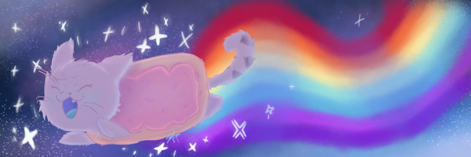 This art piece depicts a Nyan Cat (a Fun loving Pop-Tart Cat) soaring through the galaxy surrounded by twinkling stars and a pastel like rainbow trail following them wherever they go.