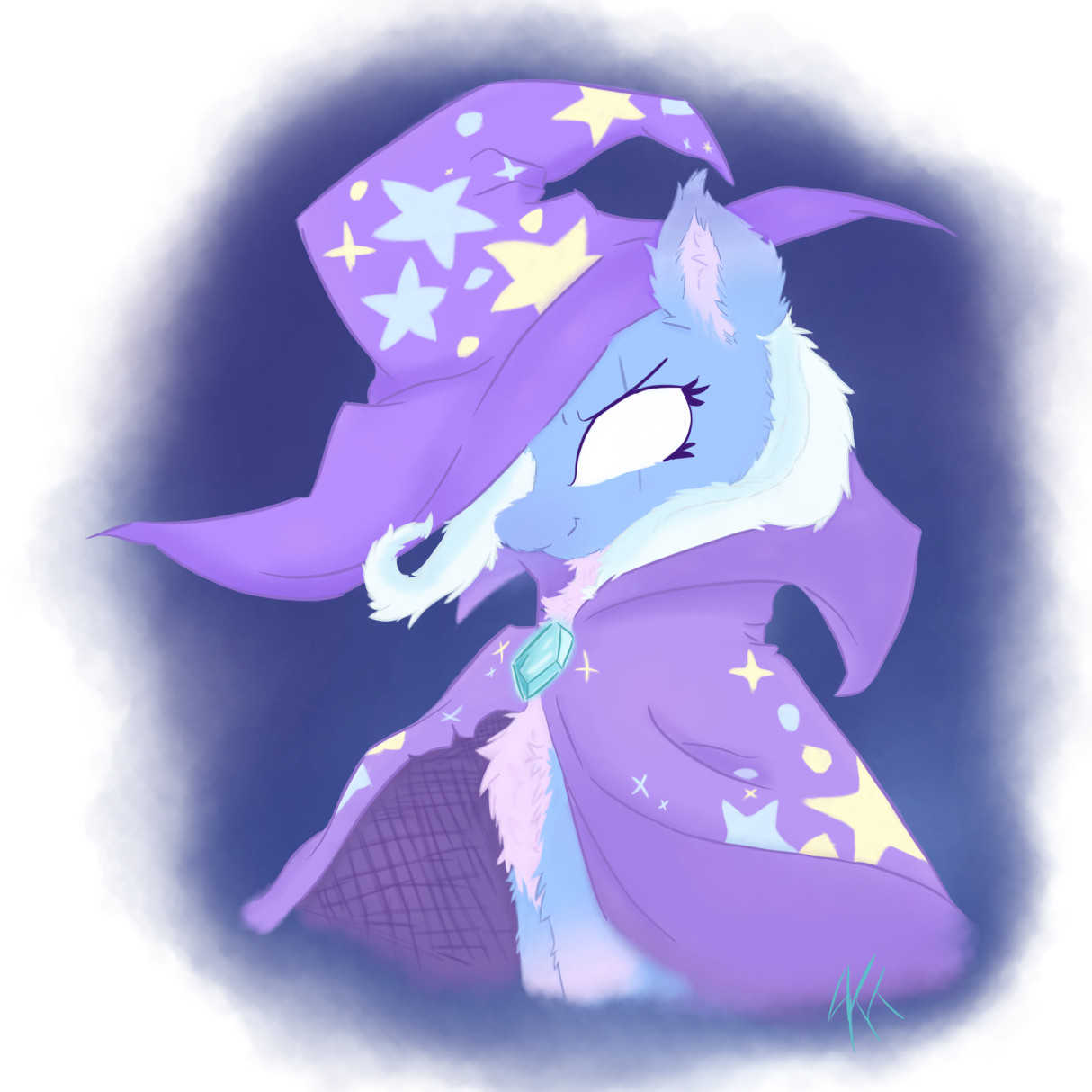 Here we have my take Trixie Lulamoon. In this powerful image Trixie of course dawns her usual lavender Mage’s hat and cape laced with stars and moons however she now sports a magical gem that holds her cape together. She also has this mysterious scar upon her face cutting through her right eye which is completely white now. 

How you may ask well let’s just say magical build up. ;p