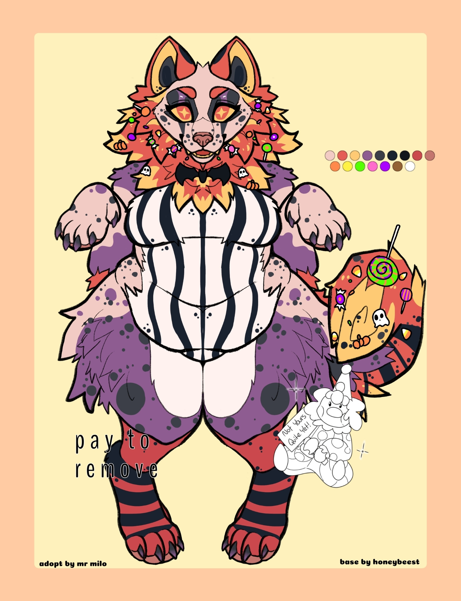 a halloween themed anthropomorphic canine adopt featuring candy and colorful patterns. the base was made by honeybeest, i simply colored and added the candy accessories