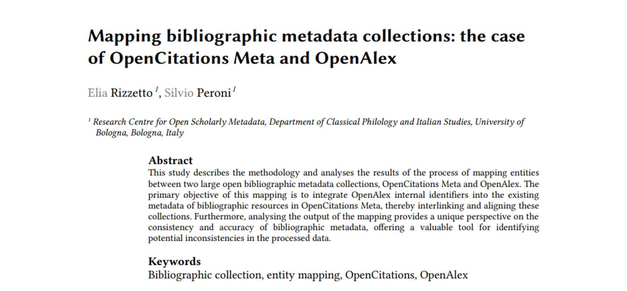 Abstract of the conference paper "Mapping bibliographic metadata collections: the case of OpenCitations Meta and OpenAlex"