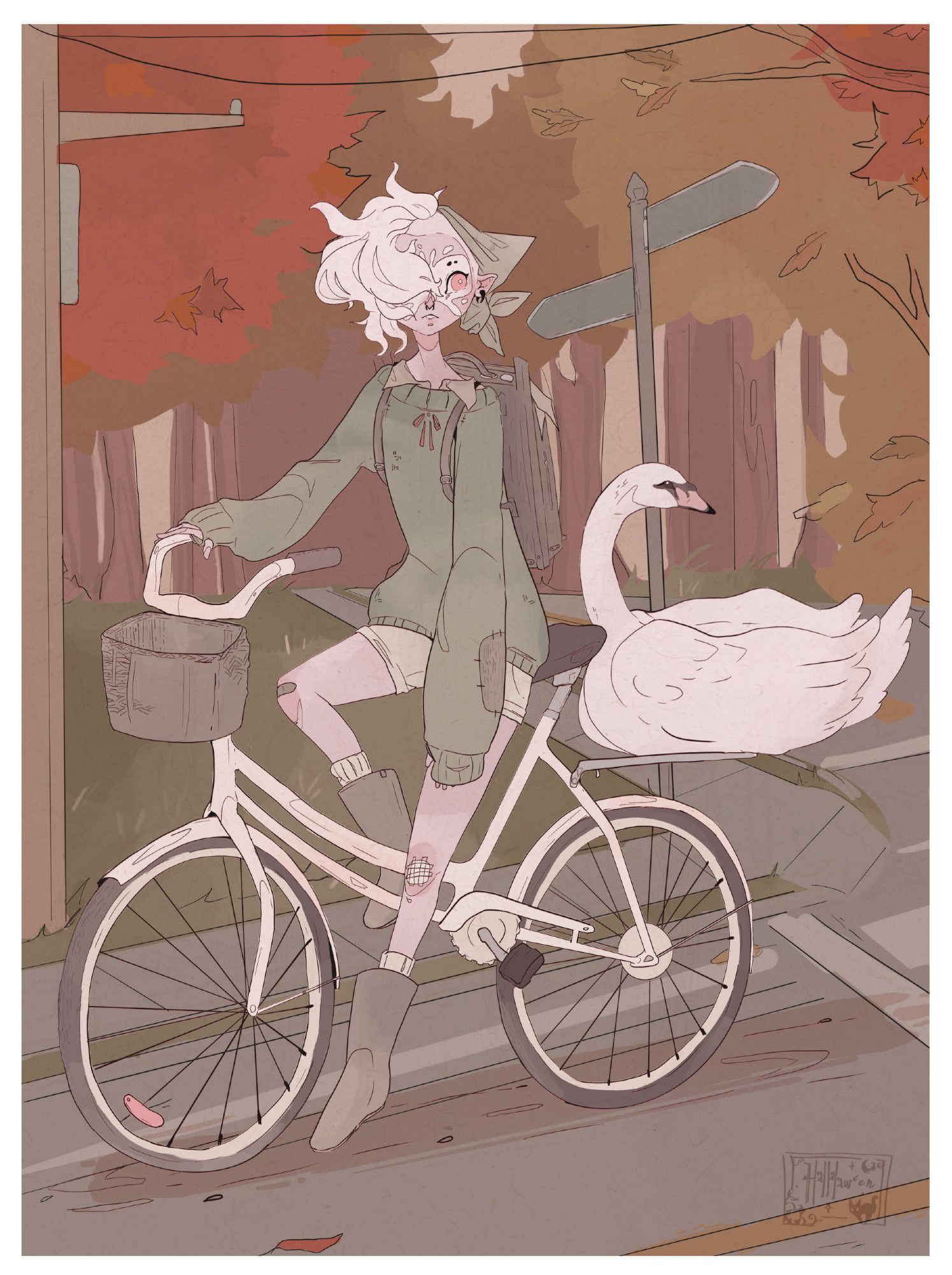 A figure rides a bicycle down the road, seemingly along the edge of town as no homes or buildings are shown. Instead the background is forested, and branches are heavy with colourful leaves. A swan sits on the back of the bike, watching the scenery. The figure and the bike are seemingly stopped, peering off. The figure is wearing a dull green sweater and a backpack, along with large boots, socks, and shorts. Their hair is fluffy and pale, with a handkerchief tied about it. Everything is coloured in warm autumnal tones.