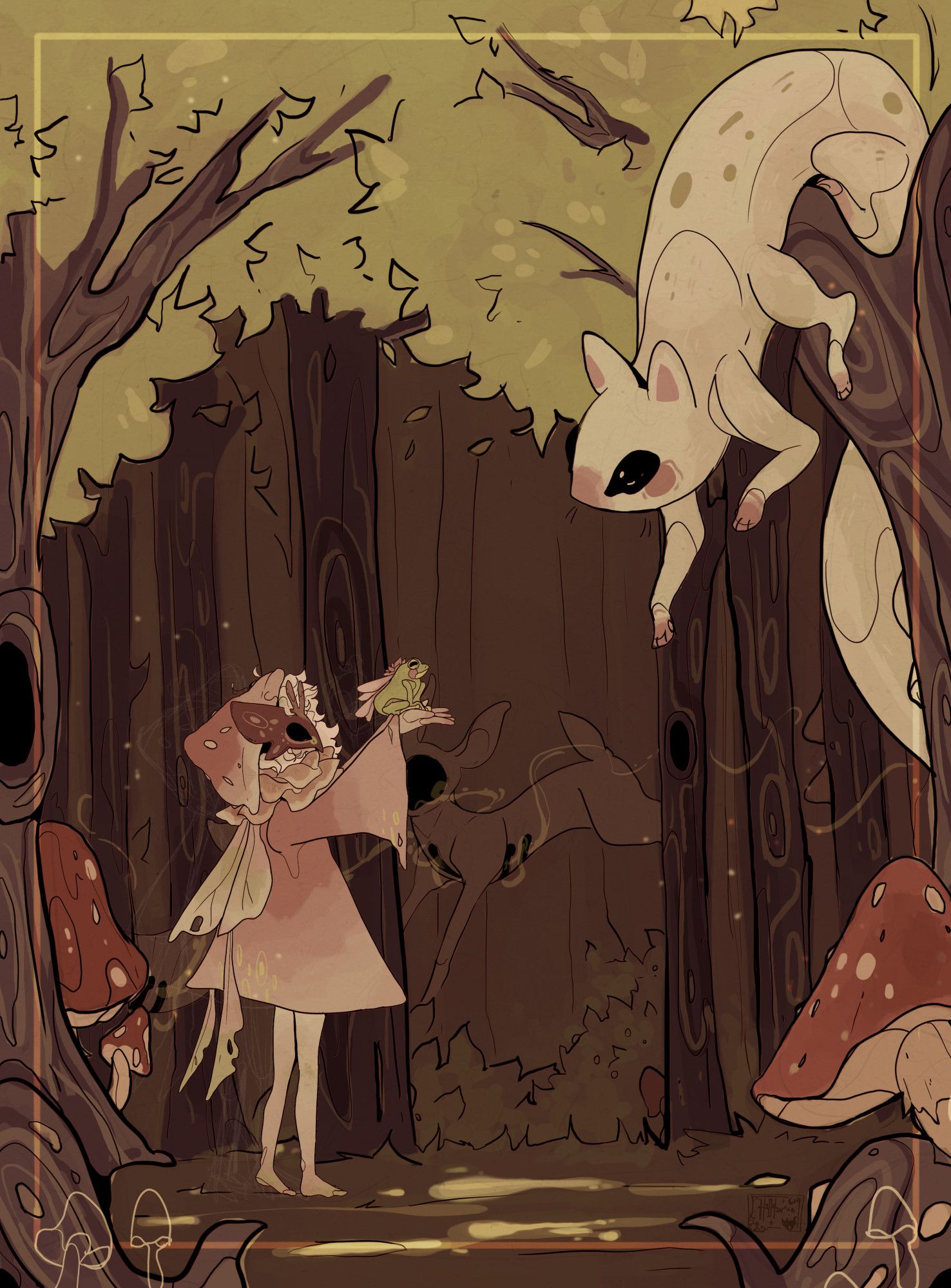 A small figure holds out a frog friend to a cat-monster caterpillar, who is crawling within the branches of the trees surrounding the image. Mushrooms and trees frame the image. In the background, strange deer moving through can be seen.