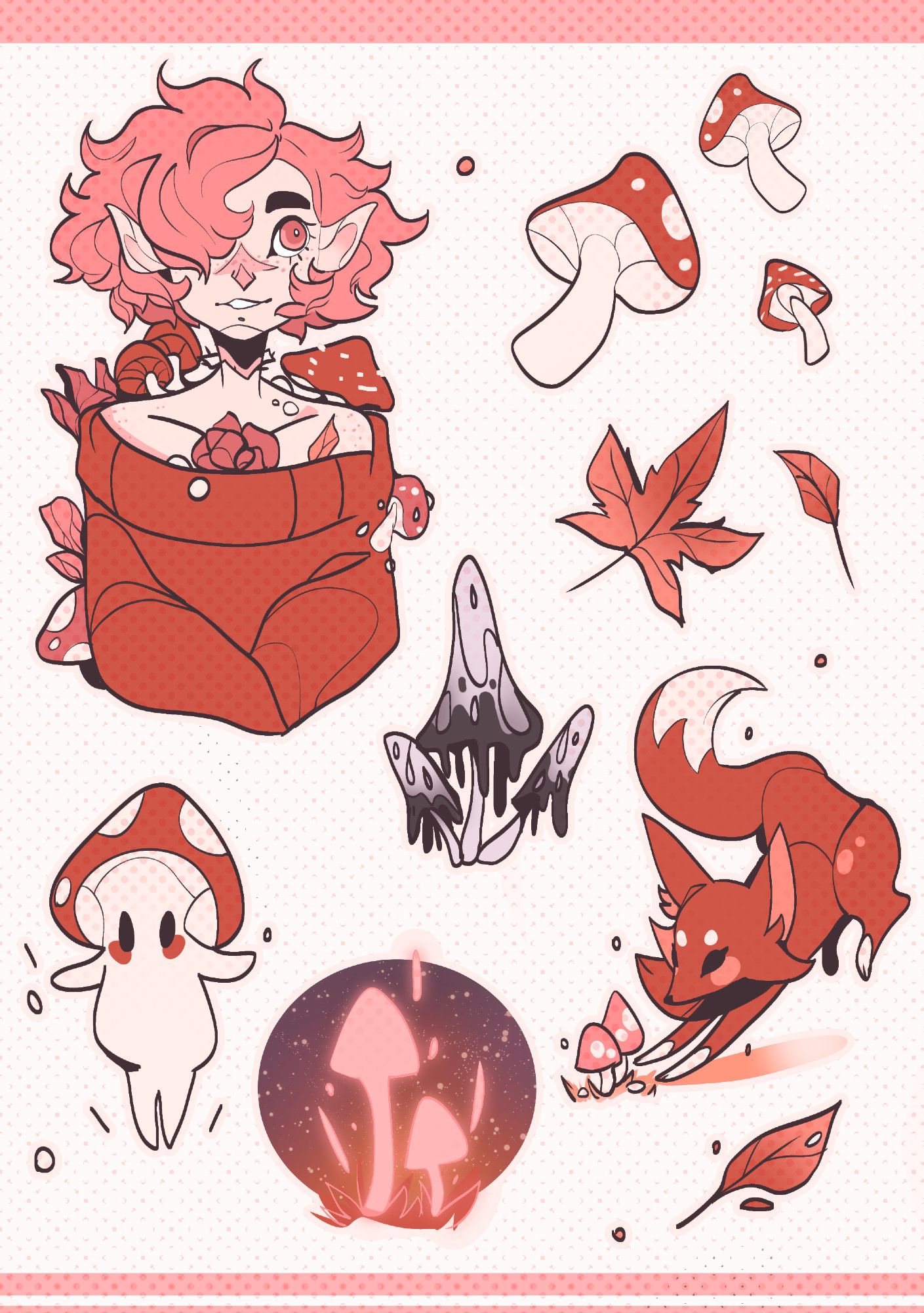 Sticker sheet focused on mushroom imagery. A small floating sentient mushroom is in the lower corner. There's glowing mushrooms. Inky dripping mushrooms. Autumn leaves. A fox leaping at mushrooms. A figure with pink hair, flowers, and mushrooms growing upon them.