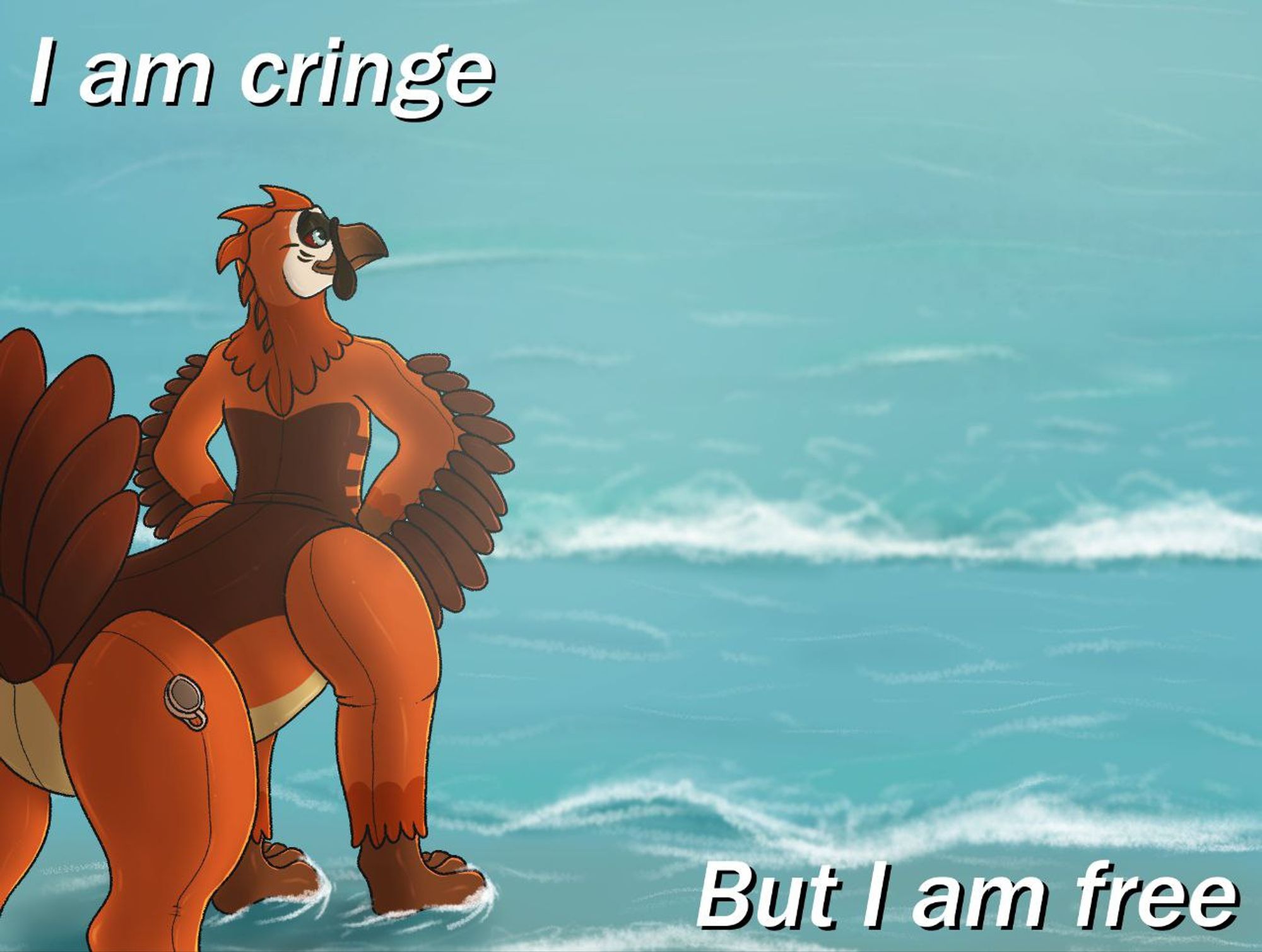 A pooltoy taur stands by the sea. Text reads
I am Cringe
But I am free