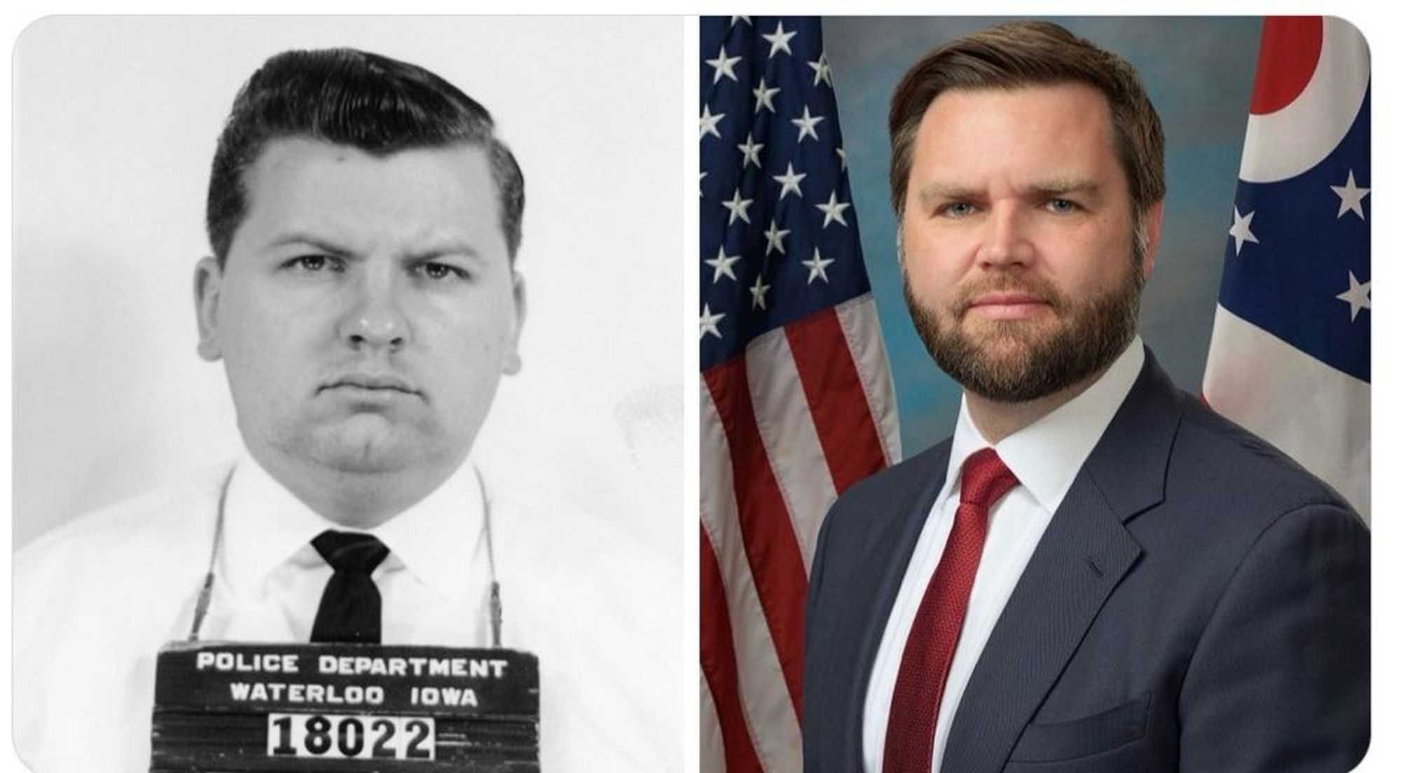 Side by side photographs of JD Vance and serial killer JW Gacy looking astobishingly similar