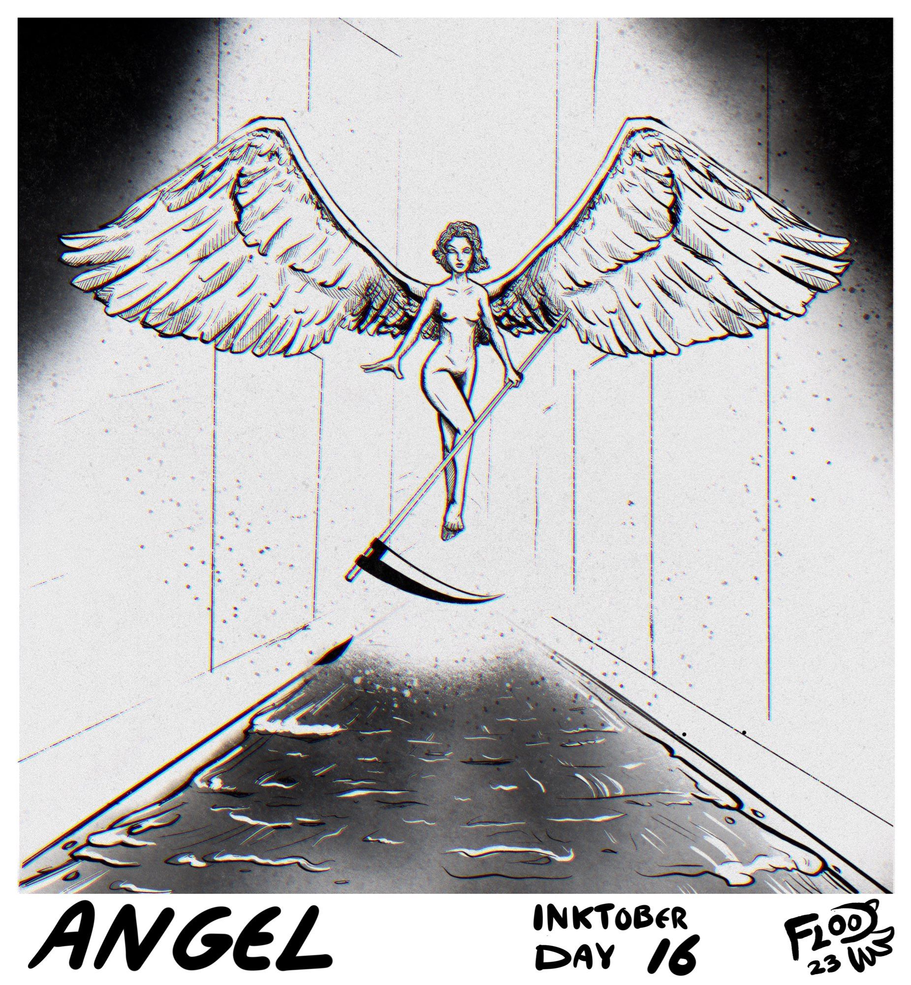 An angelic figure wings extended (nude) above a street flowing like a river (red with blood) black and white inked in procreate by TheFlood for #inktober 2023 the prompt - angel