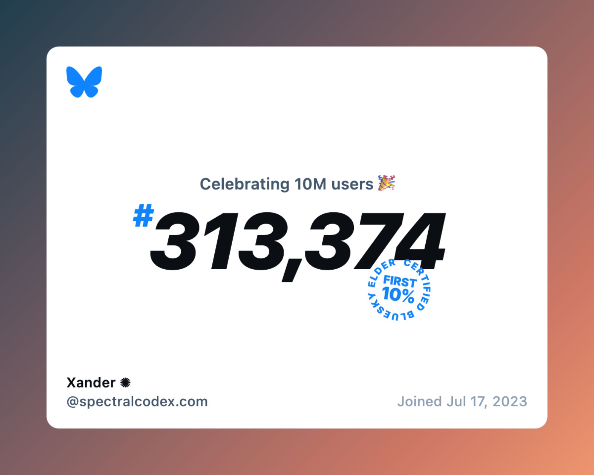 Celebrating 10M users... I'm #313,374! (And why doesn't Bluesky automatically generate these alt thingies?)