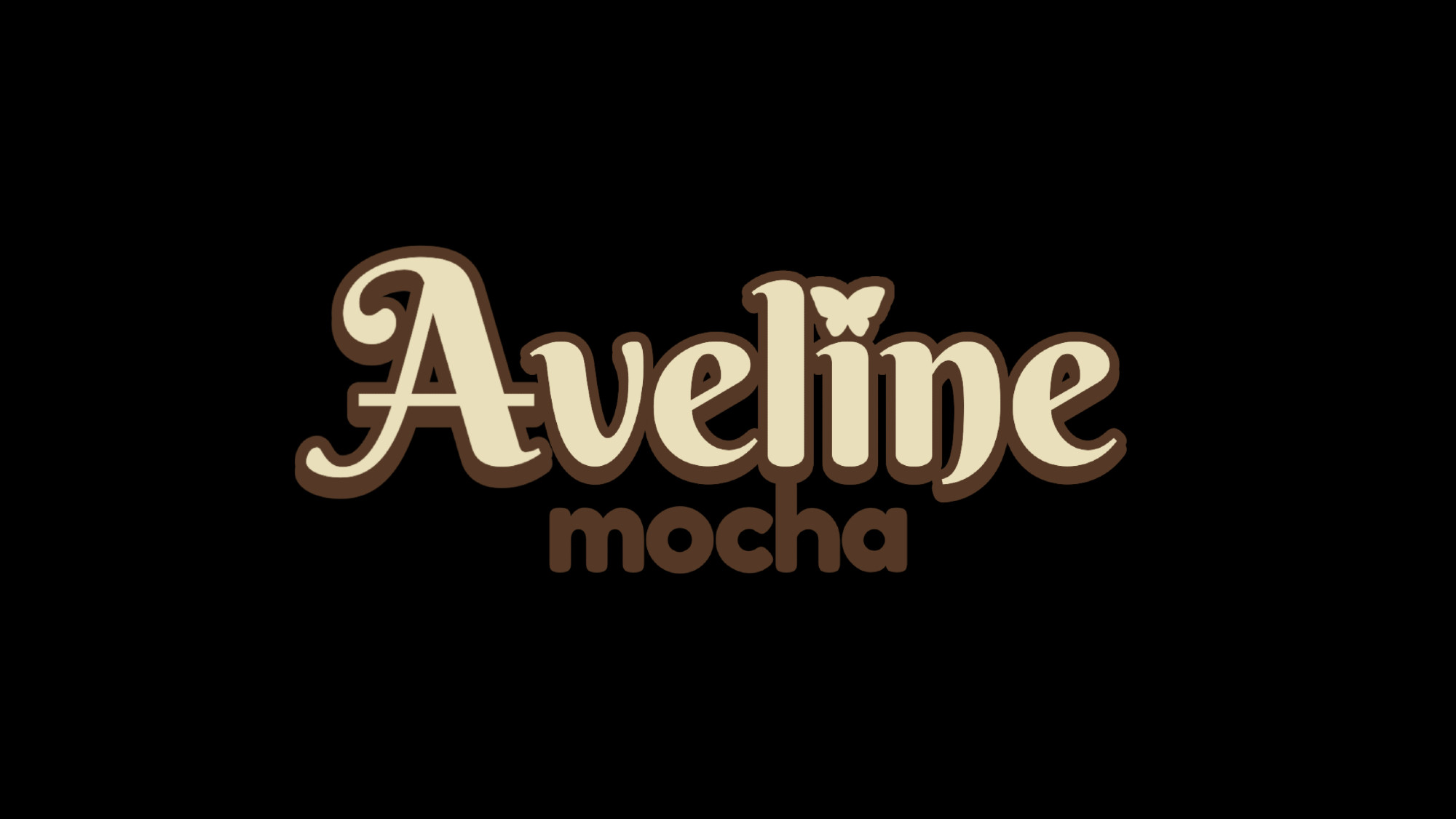 The image shows a logo with the word "Aveline" written in a playful, curvy font. The letters are in a light beige color with a dark brown outline. A small butterfly is incorporated into the design, replacing the dot above the lowercase "i" in "Aveline." Below "Aveline," the word "mocha" is written in a simpler, rounded font in dark brown. 