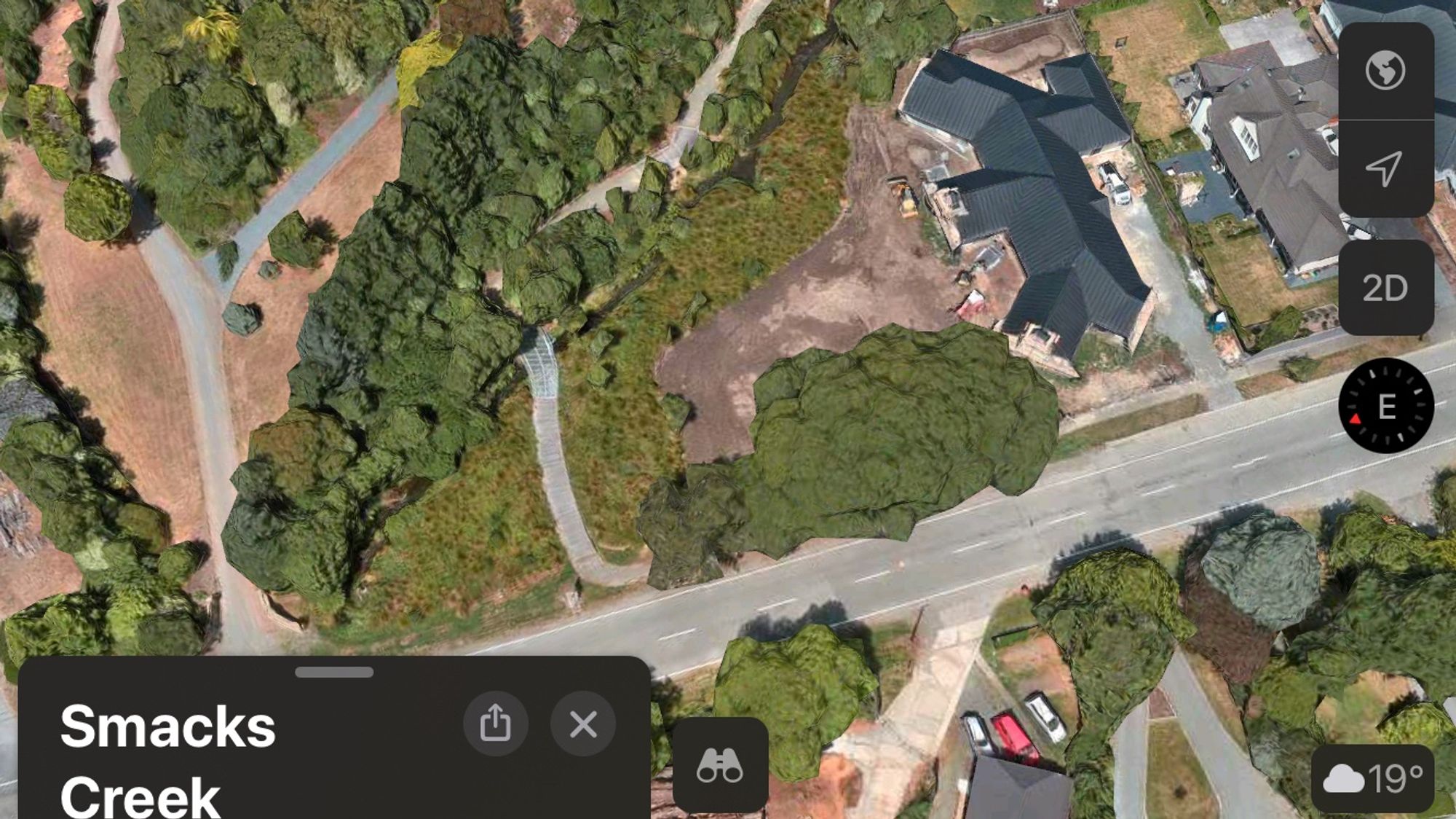 Aerial photograph of Smacks Creek Riverbed Reserve showing a vast patch of vegetation that was removed in preparation for the plating of lawn.