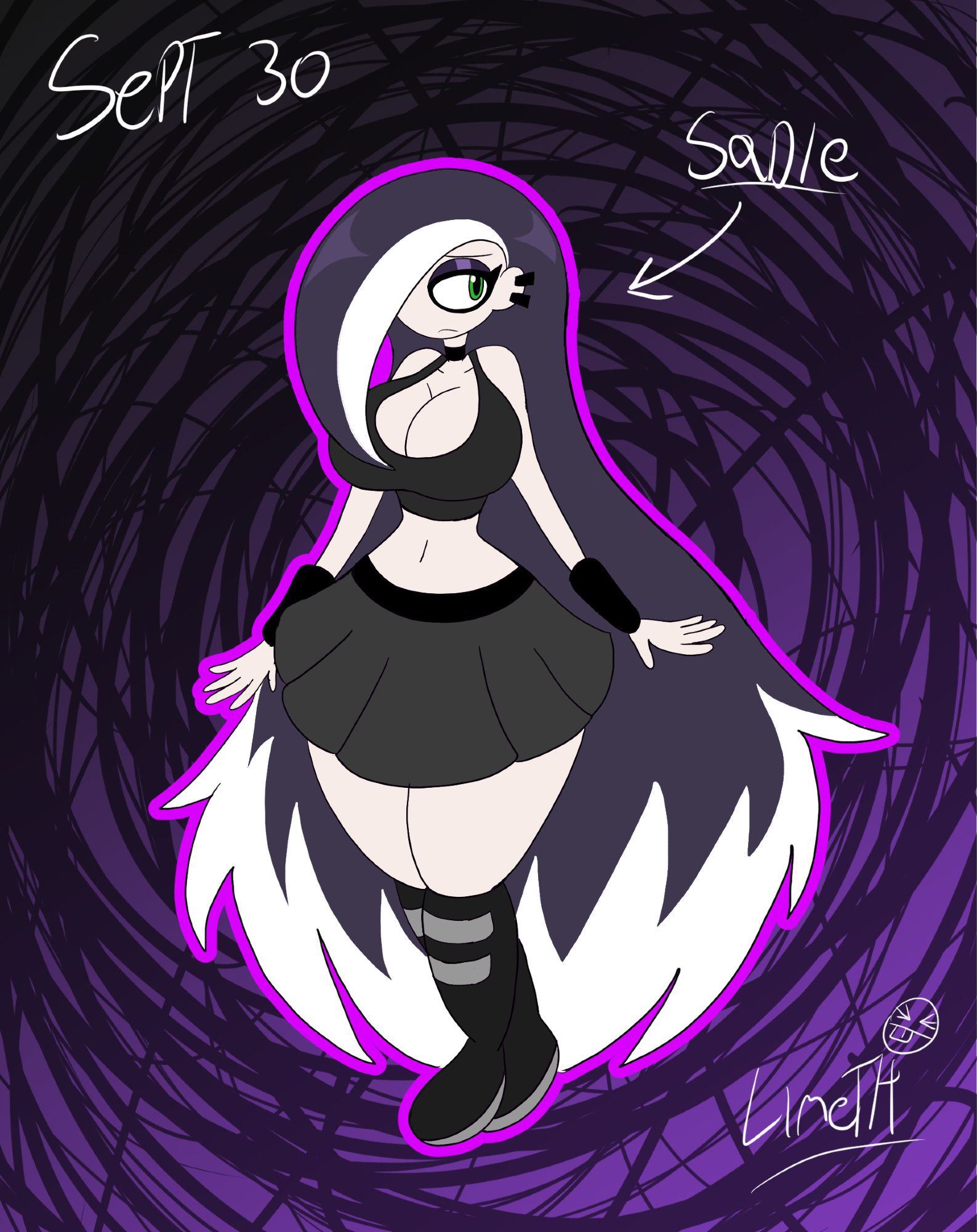 Sadie, my goth girl OC, a tall buxom girl with very long purple hair with white highlights and a bang that covers one eye. She's wearing her usual getup of a dark yet slightly revealing outfit with a crop top, a skirt, a belt and knee high boots. She stands in front of a purple background, and in white lettering around her is her name and the date "Sept 30"