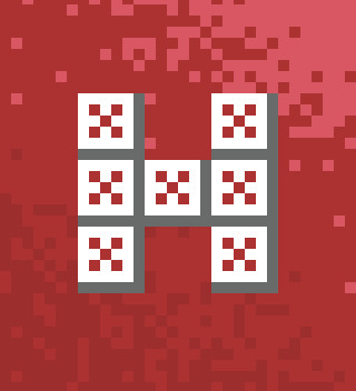 a white 'H' made up of white squares in the middle of the image, red 'X's in the middle of each square. it's shaded with a dark gray, and the background is a light red, with a dark red in the bottom right, and salmon coloration in the top right.