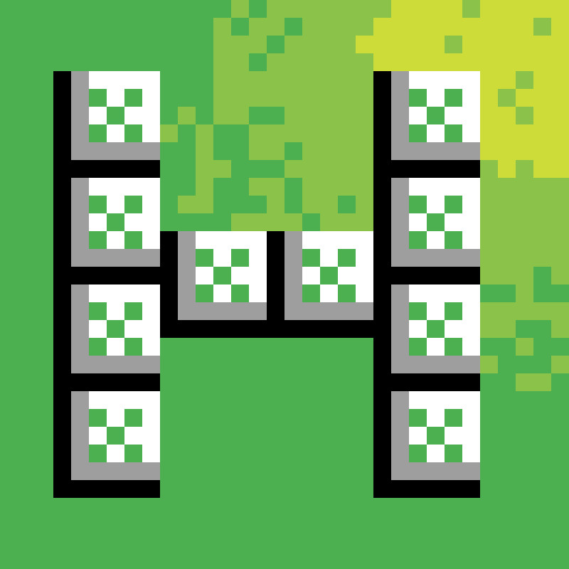 a white H with green 'X's in the center of each square. it has a grainy light in the top right, divided into 2 sections, one lighter than the other. the H is shaded with a dark gray, and black.