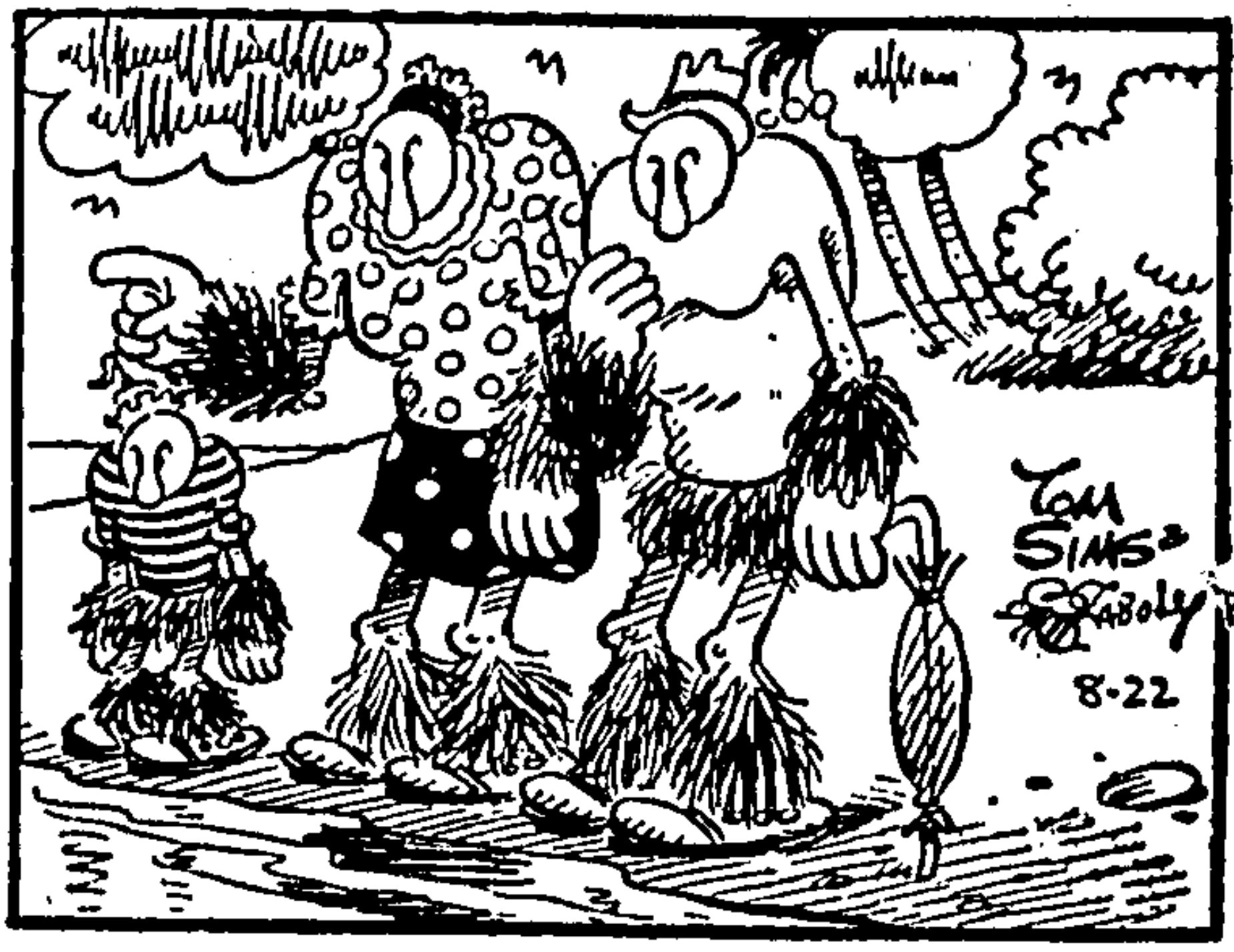 Panel from August 22, 1951 Thimble Theatre comic by Tom Sims and Bela Zaboly:
Alice the Goon (standing between her son and partner, pointing out to sea): *says something in Goon*
Alice's partner: *replies in Goon*