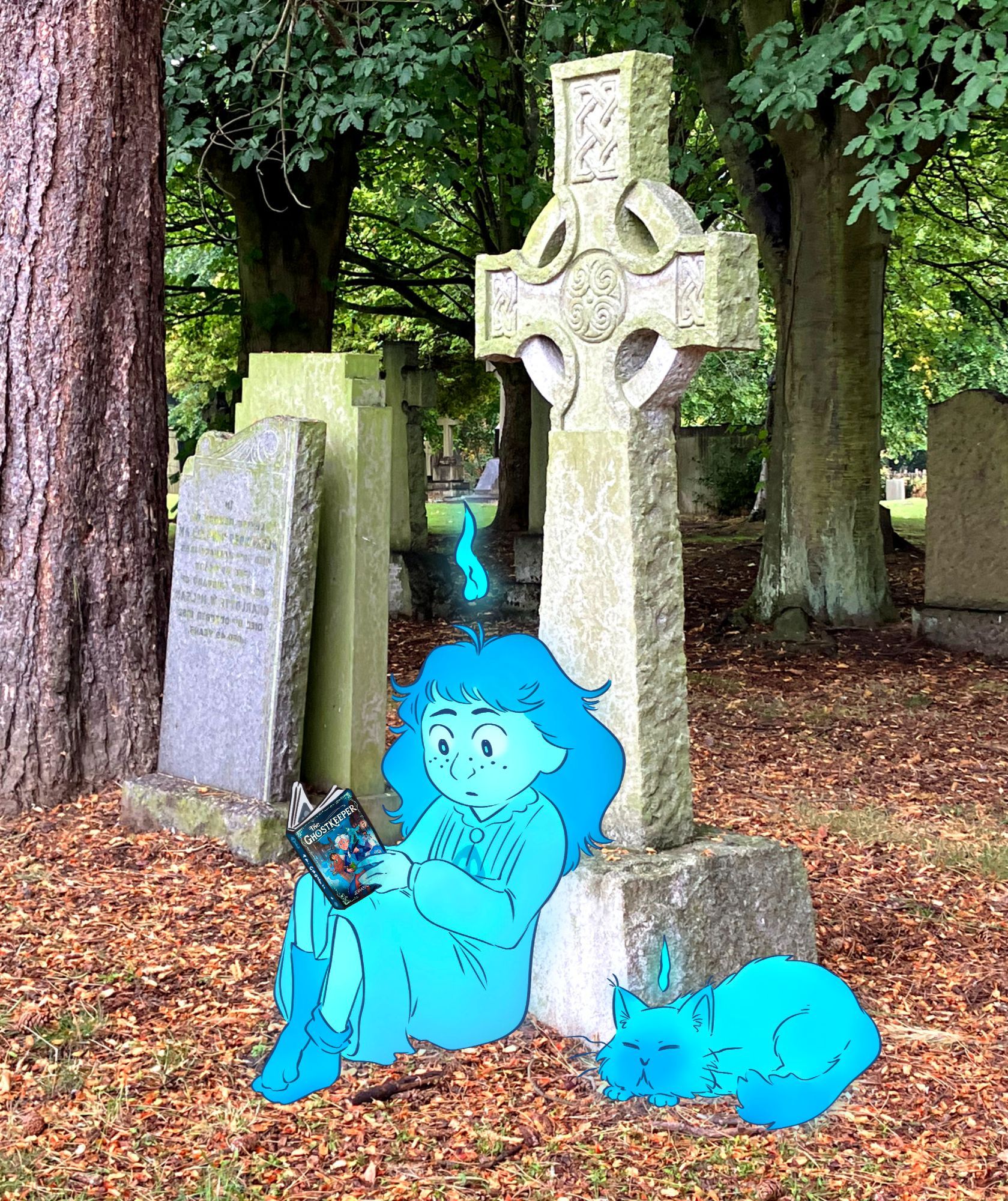 Lucy the ghost girl and Muffin the ghost cat lounge against a headstone in Warriston Cemetery, Edinburgh. She's reading THE GHOSTKEEPER, my graphic novel. (Fun fact, I took this photo during a 2022 research trip for this same book)