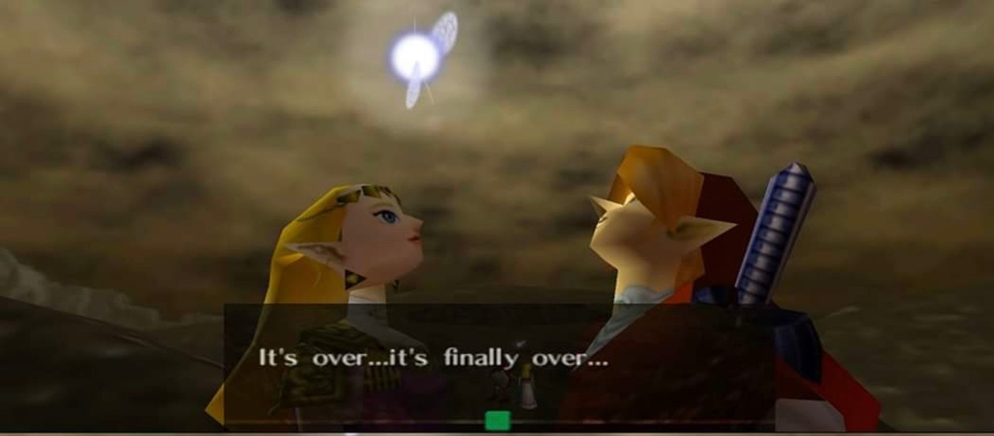 Screencap of Link, Navi, and Princess Zelda in Ocarina of Time (N64):
“It’s over… it’s finally over…”