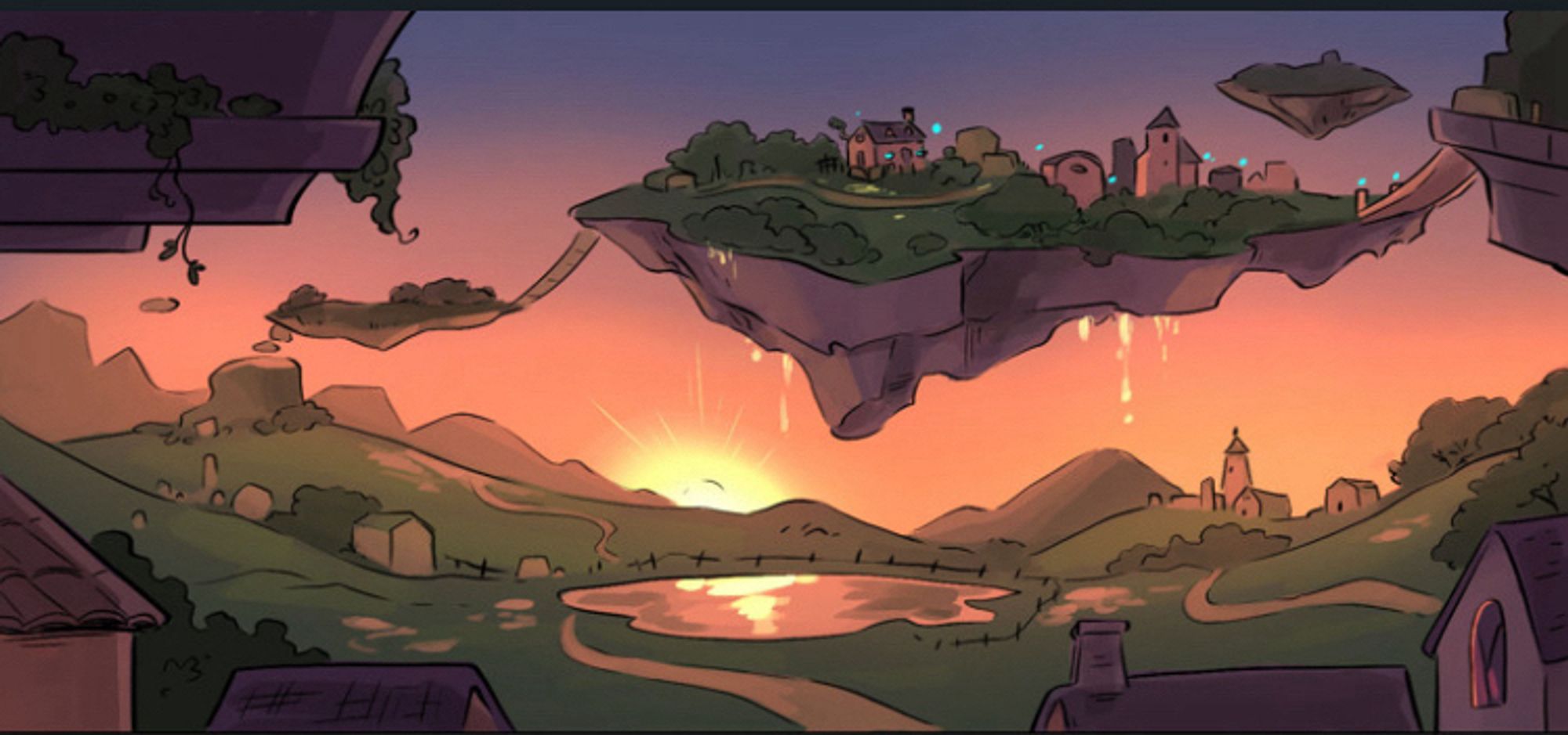 A sunrise establishing shot of floating islands above a lake reflecting the sun, in a valley of cozy cottages