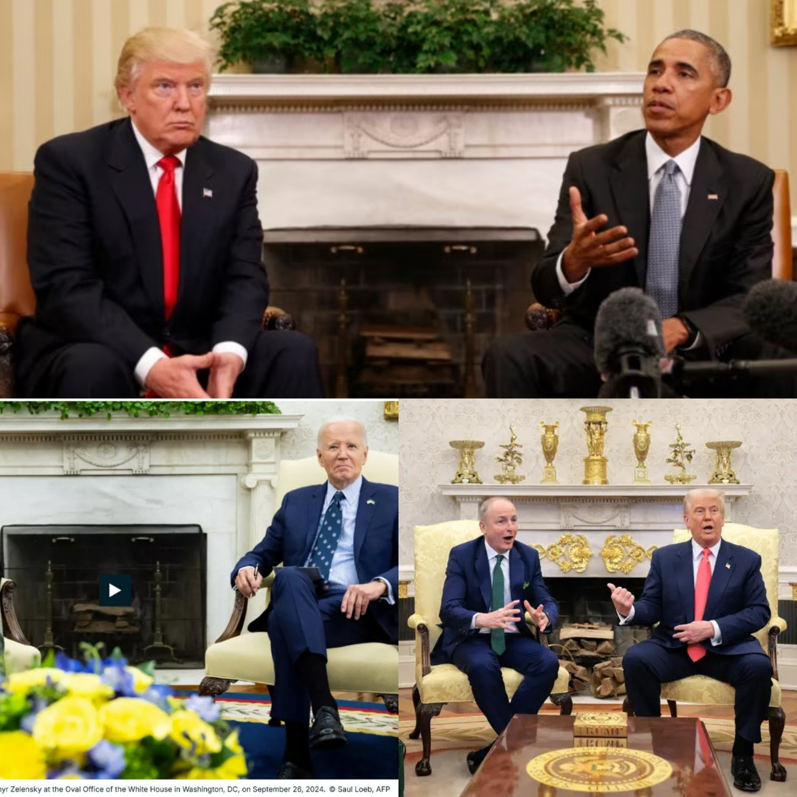 composite of 3 photos showing the fireplace in the Oval Office with 3 different Presidents.
Obama & Biden: just the original white plaster surround, with plants on the mantelpiece. Calm, dignified.

Donald Trump has decorated it with gaudy gilt patterned above the grate on the fireplace surround, and what looks like his golden golf trophy collection on the mantelpiece.
Crazy tasteless. Like Jeffrey Epstein's fireplace 