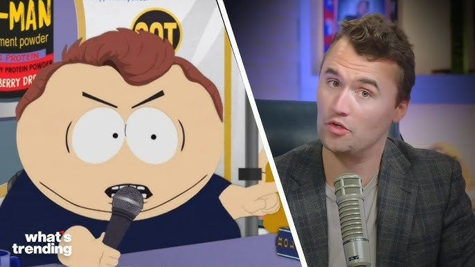 Side-by-side images of South Park's resident troll Cartman and alt-right white evangelical nationalist Charlie Kirk