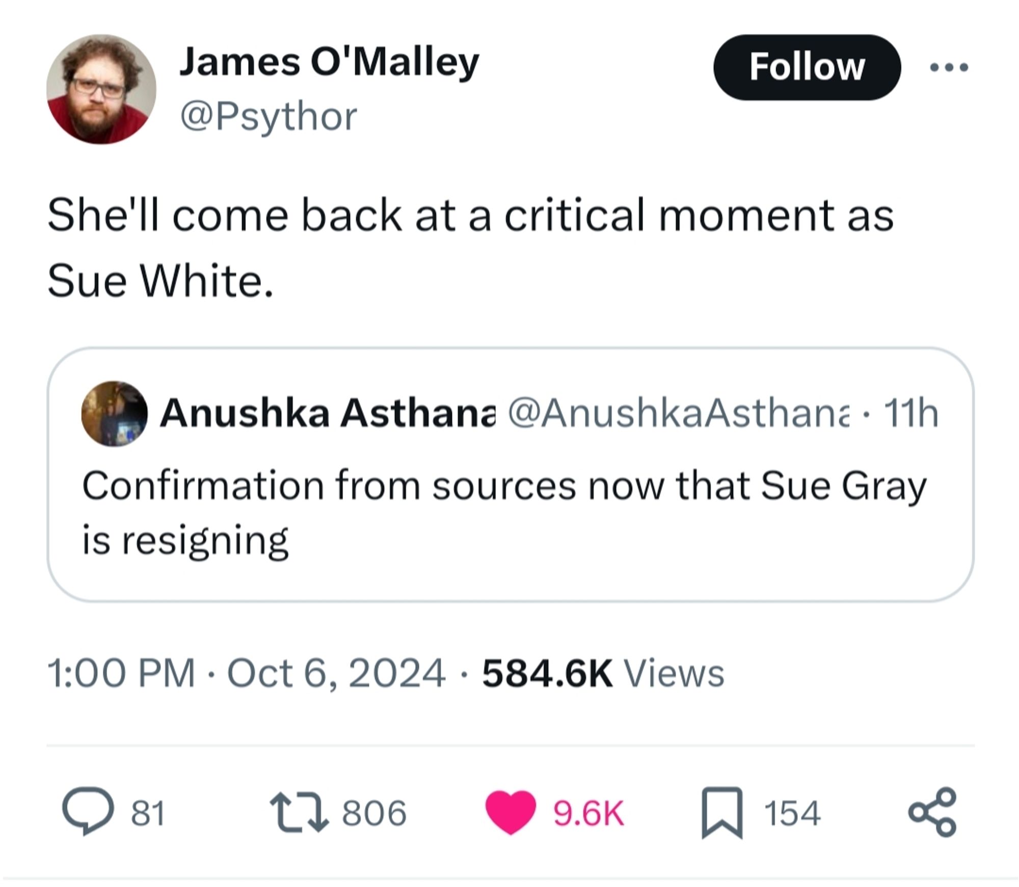 quoted tweet: Confirmation from sources now that Sue Gray is resigning

response: She'll come back at a critical moment as Sue White.