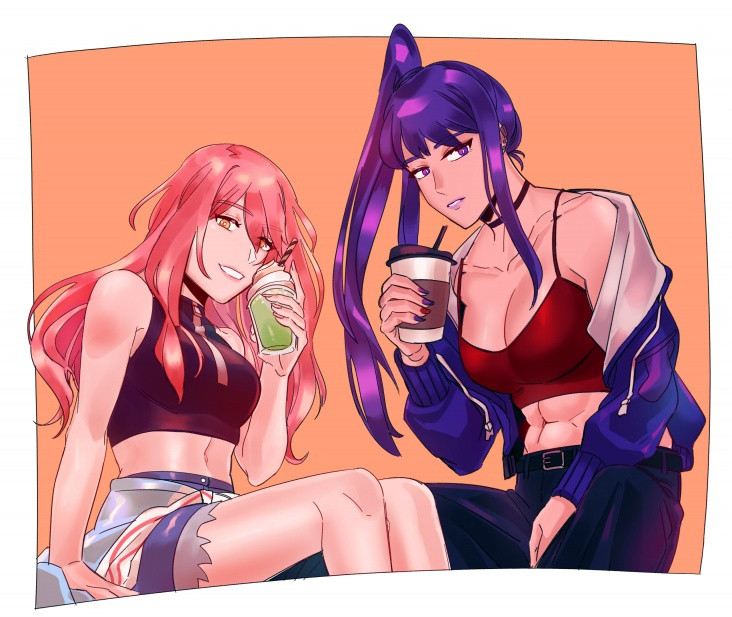 Character illustration. Two female characters are sitting together and holding drinks. 