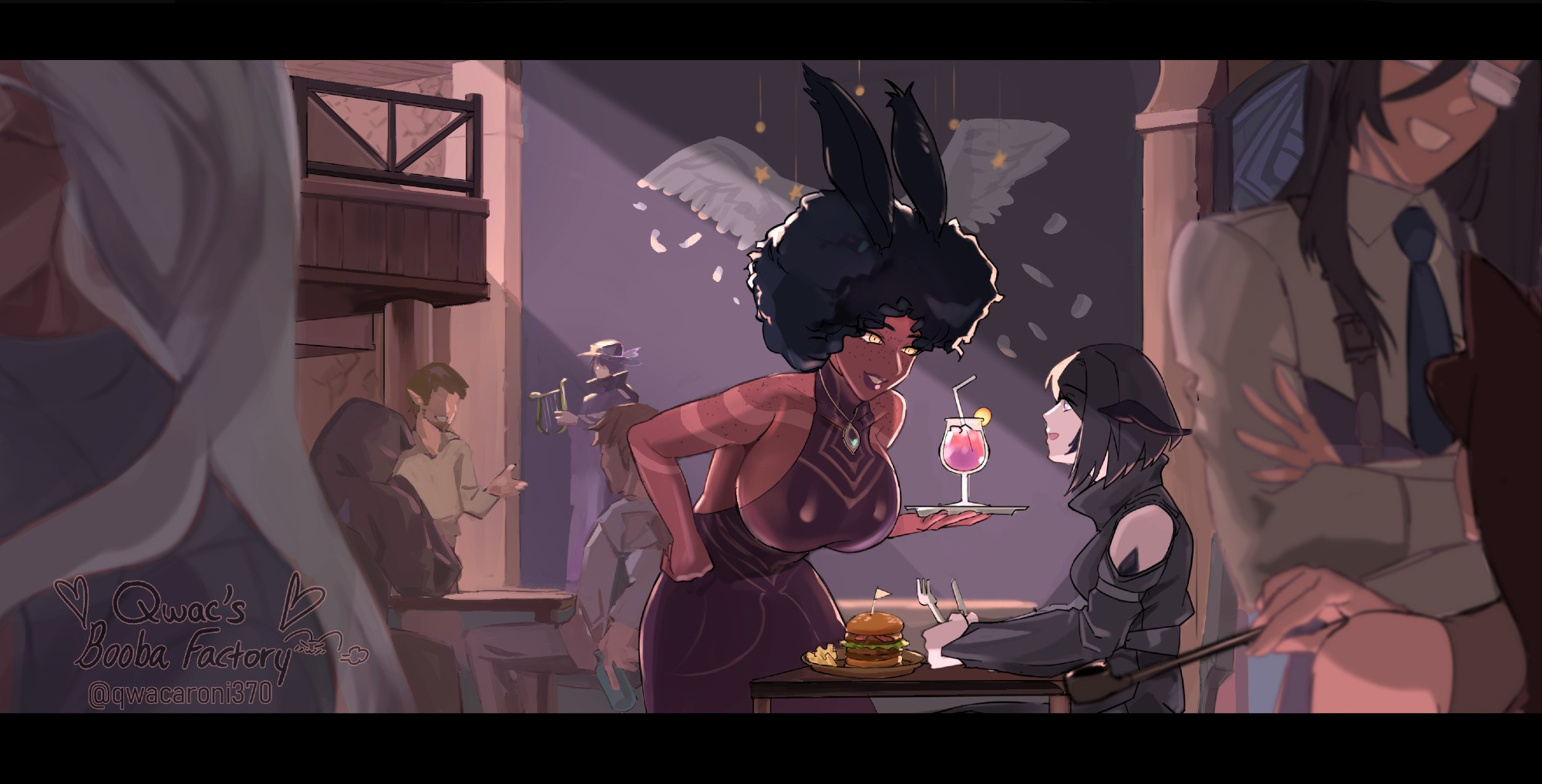 full illustration with background, in bar, two characters interacting in the middle. One is waitress delivering drinks to the other character, which is customer. 