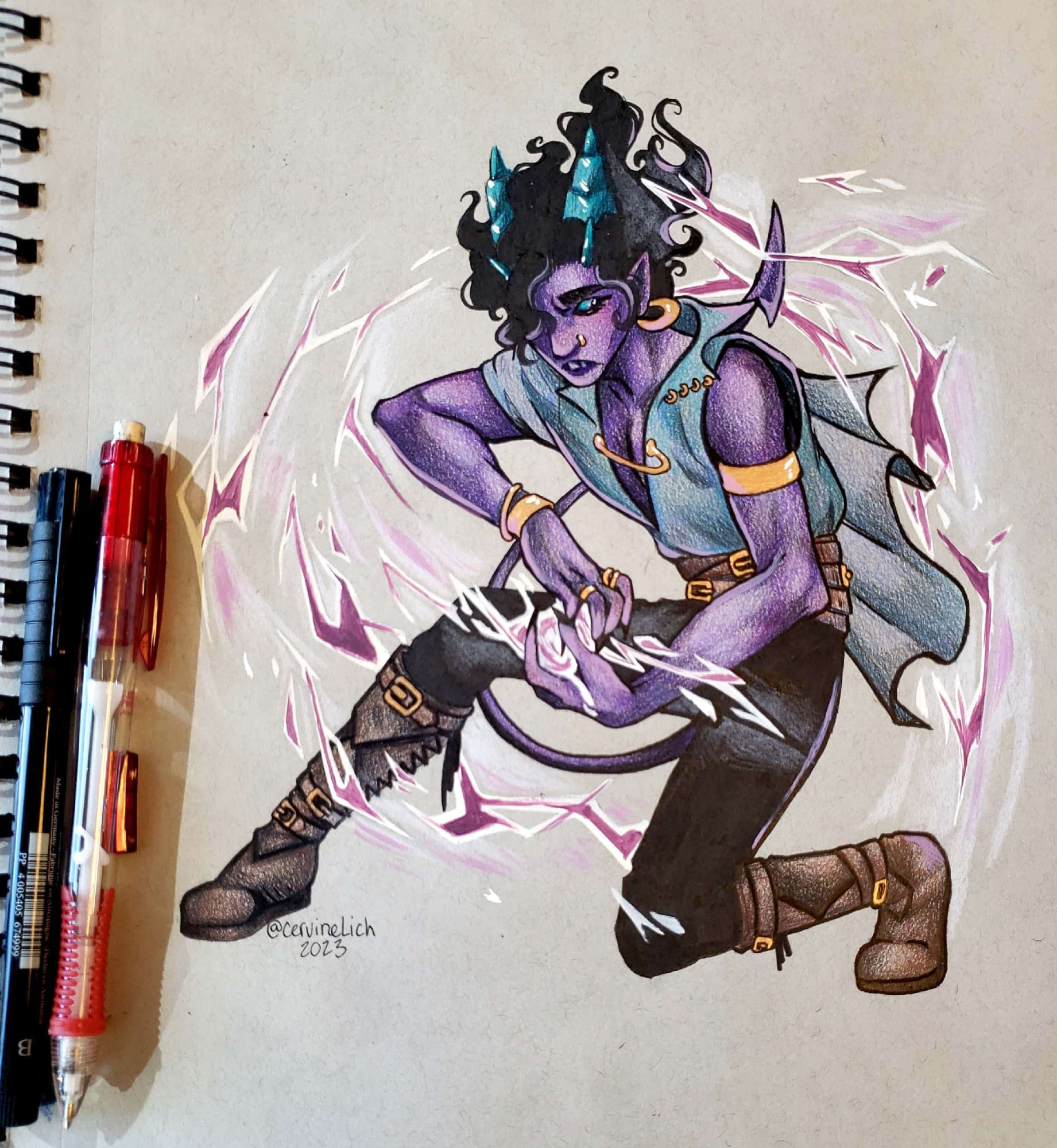 A colored pencil and ink drawing on gray paper of a purple tiefling with bright cyan horns. The tiefling is dressed in tight black pants and a loose open-front top with lots of buckle belts. He is also wearing a lot of gold jewelry as earrings, finger rings, bracelets, and a nose ring. He is crouched in an action pose with purple lightning magic around him.