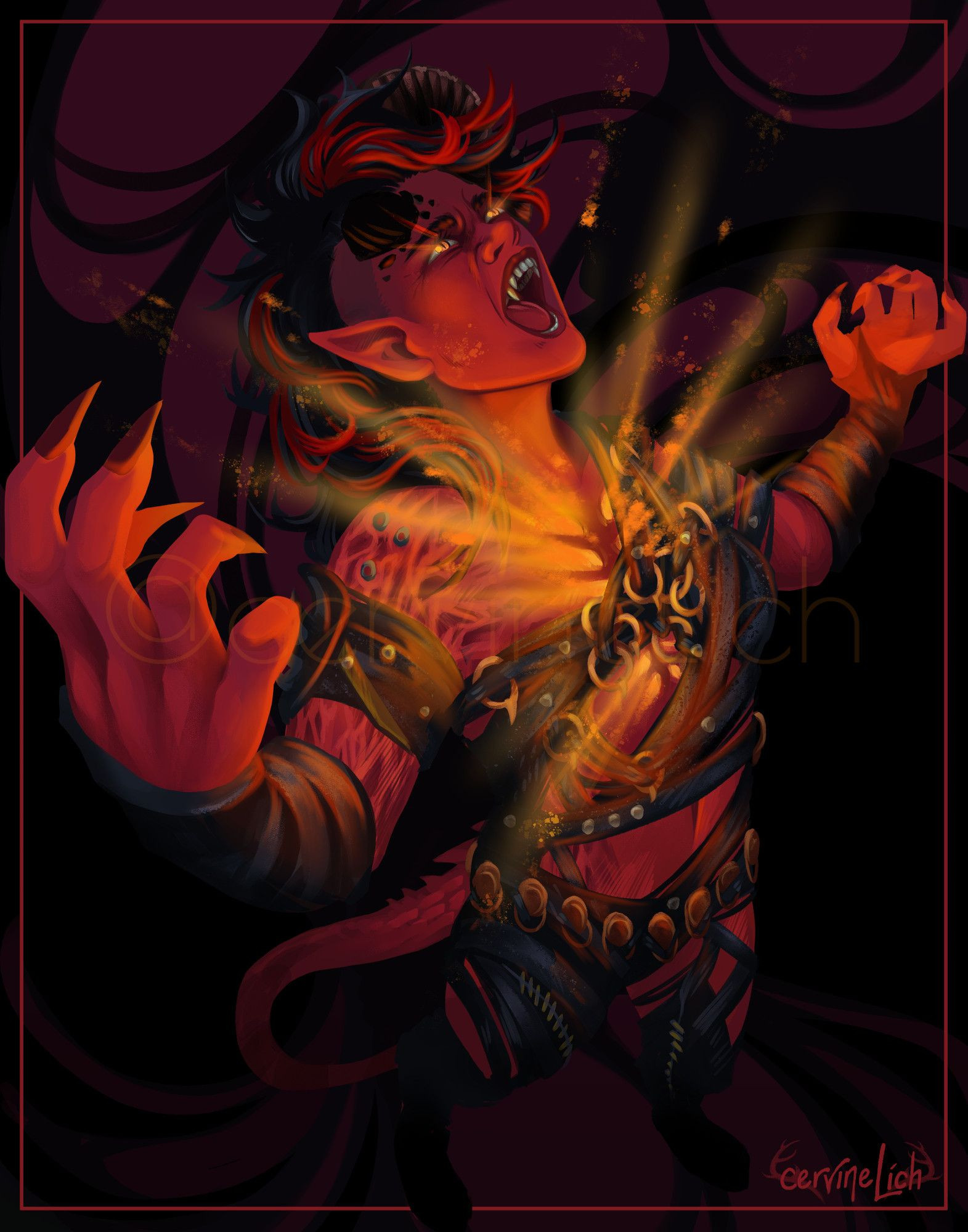 Digital painting of a red tiefling with one horn. She is shown from a slight angle looking down and is holding her arms out while screaming. Her clothes are made up of multiple belts and as she rages her chest is glowing with orange and red fiery light.