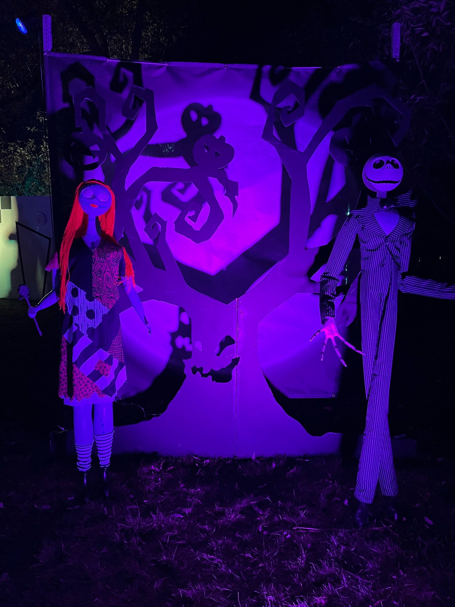 Jack Skellington and Sally are standing on each side of a cardboard tree with a face. This setup in the forest trail is meant as a background to takes pictures in front of.