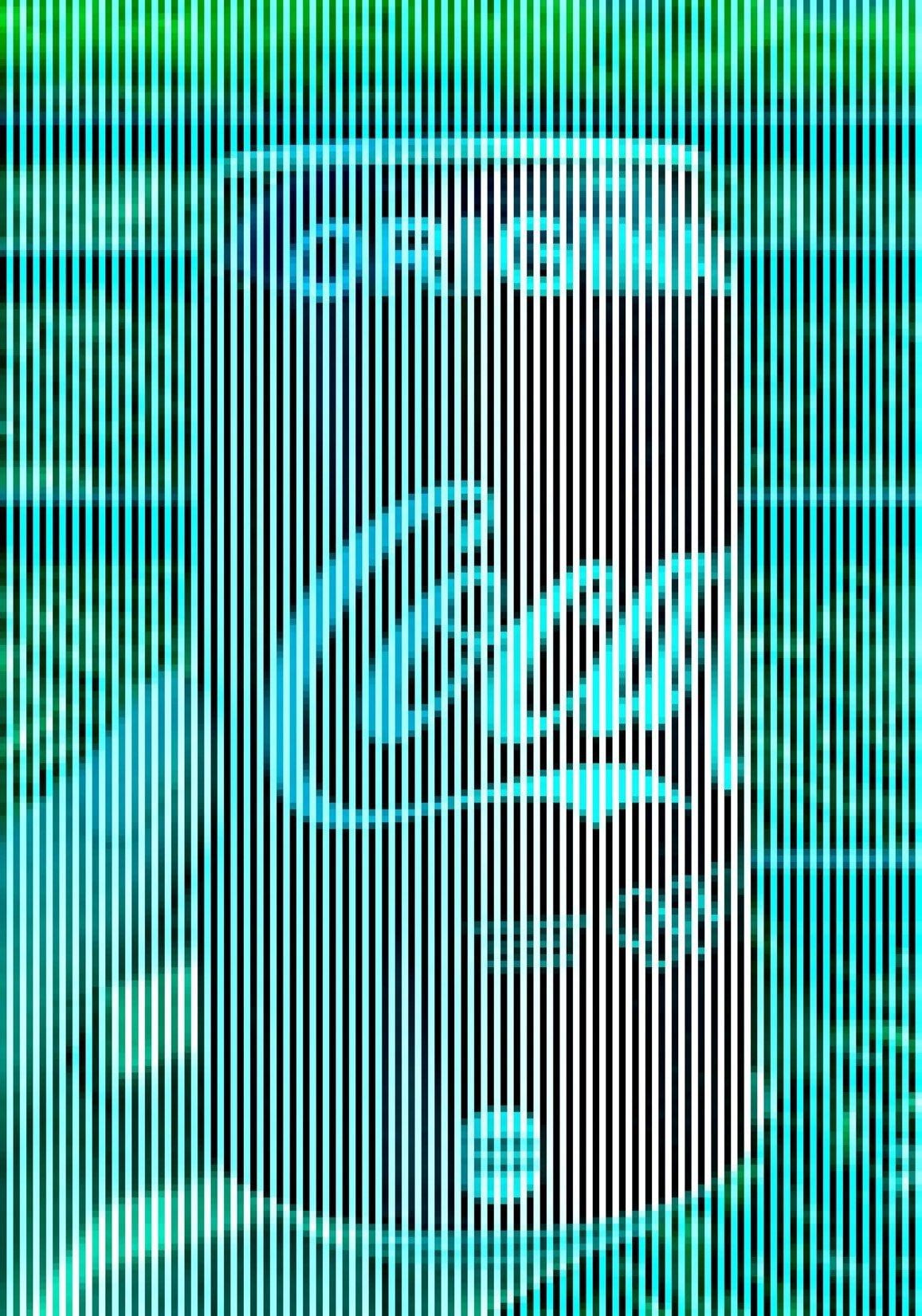 A black and white and blue striped image of a can of coke, the composition of which creates the illusion of red