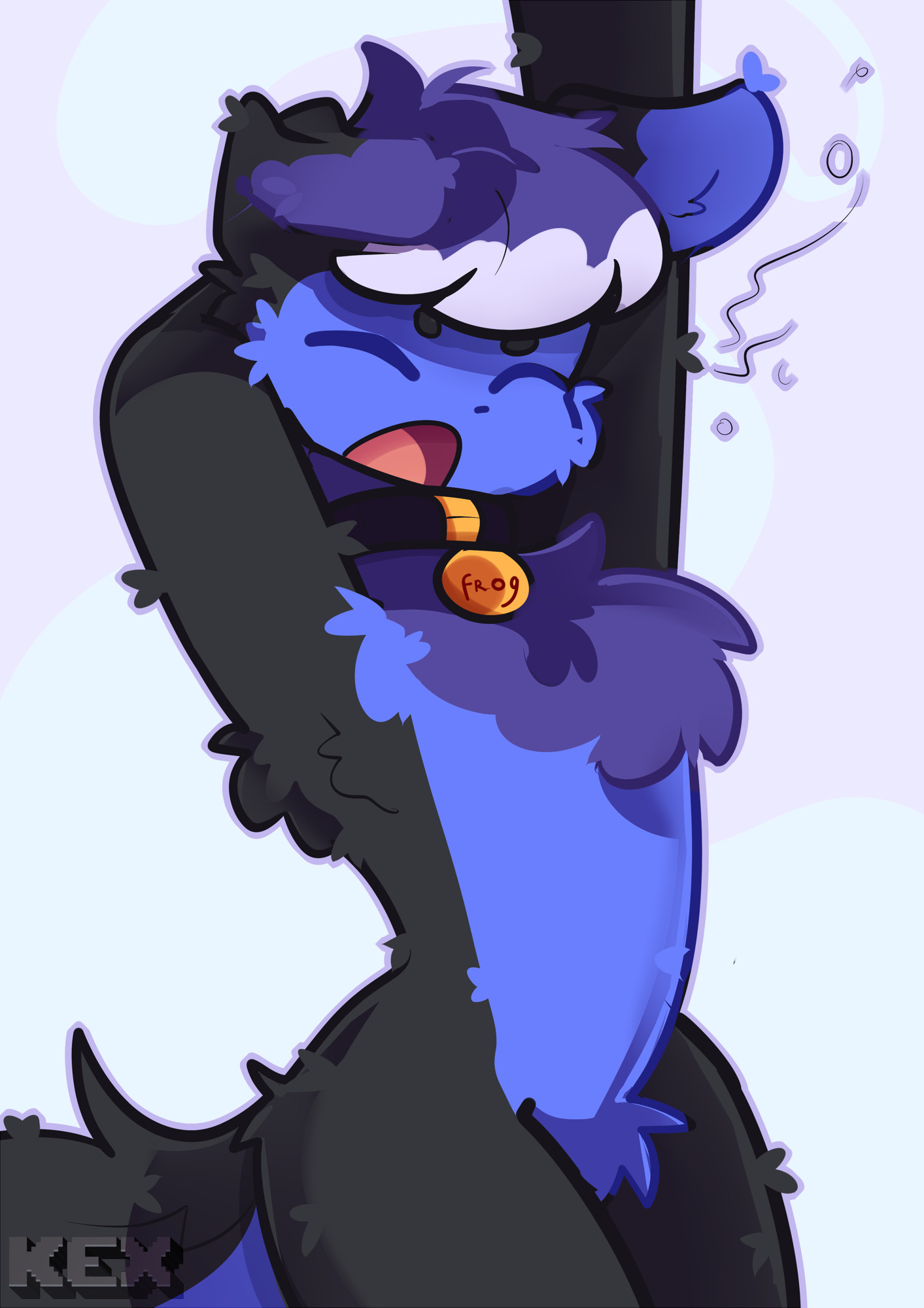 A blue dog stretching out his arms and yawning