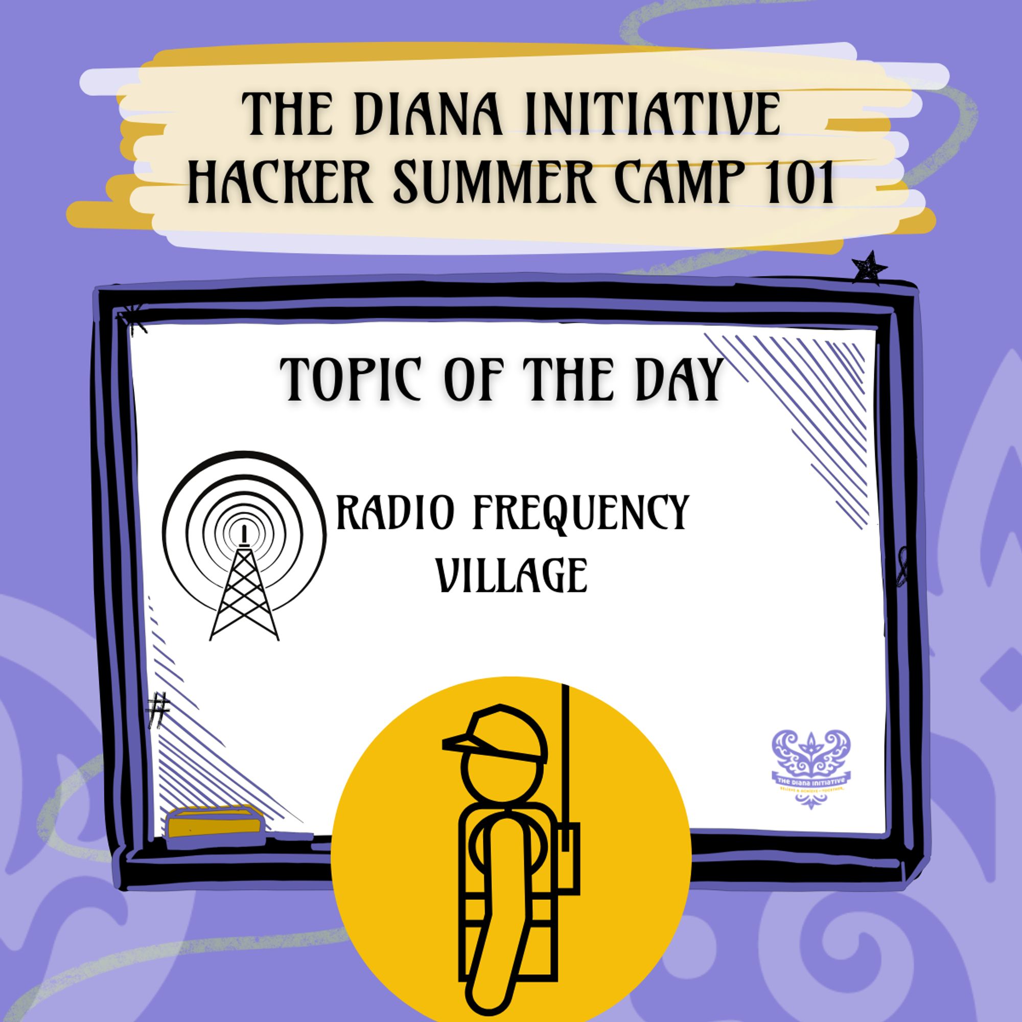 Graphic with a stylized person wearing a backpack with an antenna on it. Text: The Diana Initiative Hacker Summer Camp 101, Topic of the day Radio Frequency Village