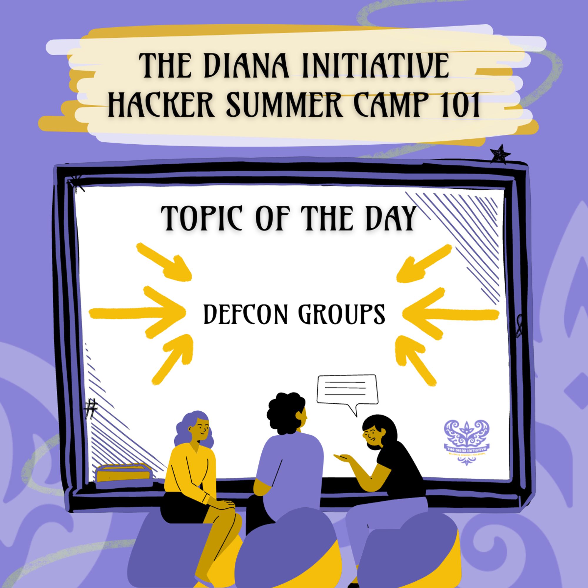 A graphic of a group of people sitting in front of a whiteboard. The whiteboard reads "Topic of the day DEFCON Groups". A banner above the board says "The Diana Initiative Hacker Summer Camp 101"