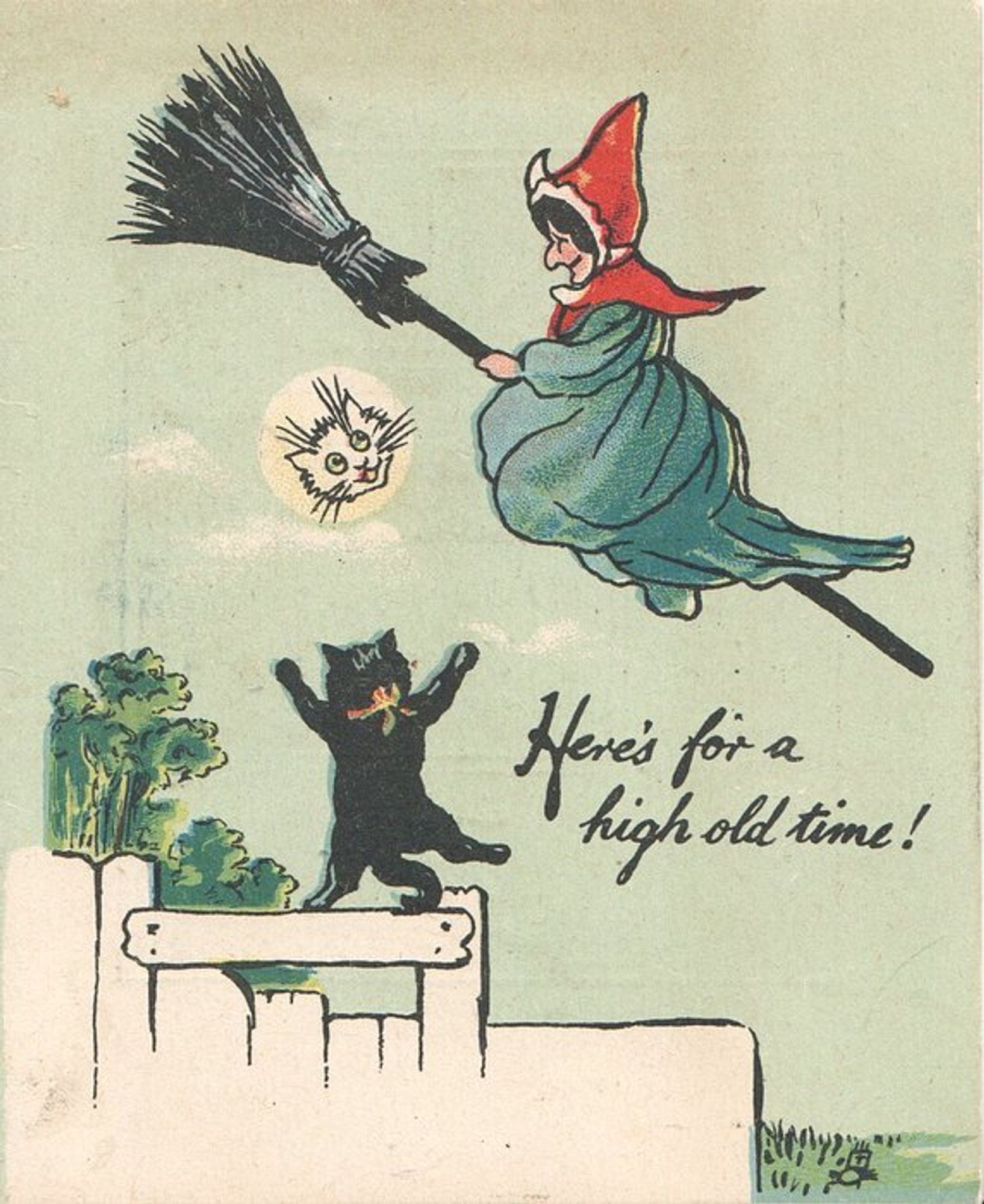 Tuck DB Ephemera postcard from the early 1900s featuring a drawing of witch on a broom (oddly facing the bristle side?) looking down at a floating smiling cat head beneath which a black cat is standing on a fence who appears to have thrown the cat head to witch. Caption says "Here's for a high old time!"