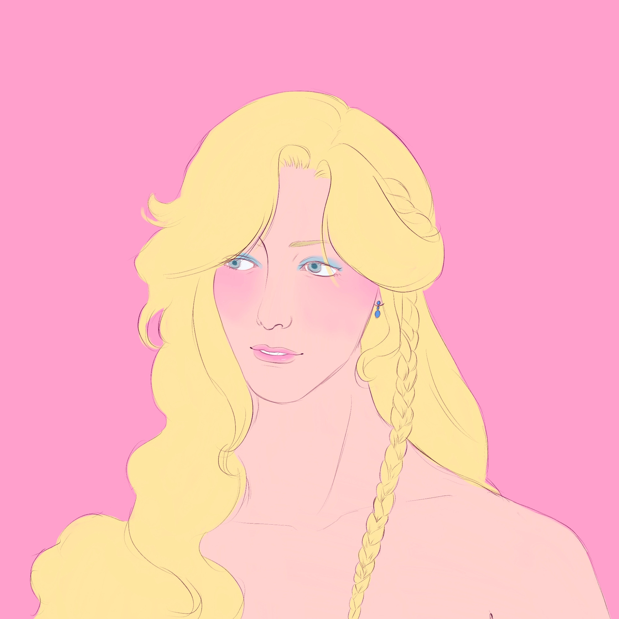 a picture of a blonde woman with blue eyeshadow and pink lips, long wavy hair and a single braid down her shoulder