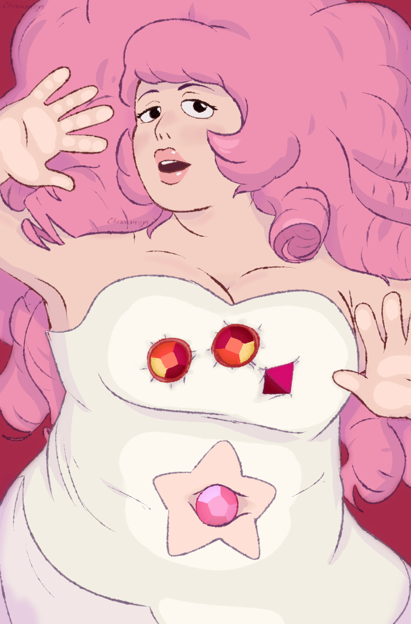 A drawing of Rose Quartz from Steven Universe based on one of Naomi Watanabe's photos for the Shu Uemura make up campaign. She is posing as if a glass was between her and the point of view. She is pressing her hands, belly and "breasts" against the glass, which are holding 3 gemstones, two Rubies and a 3rd octahedric-shaped one. She's looking seductively at the PoV.