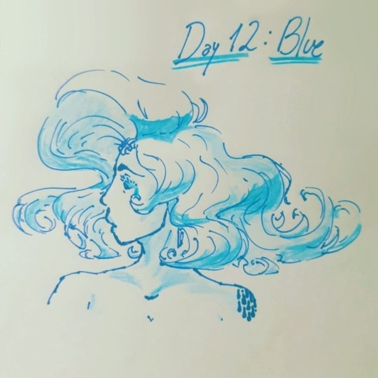 Simpler drawing of the same lady. Done with ink and blue-colored pencils