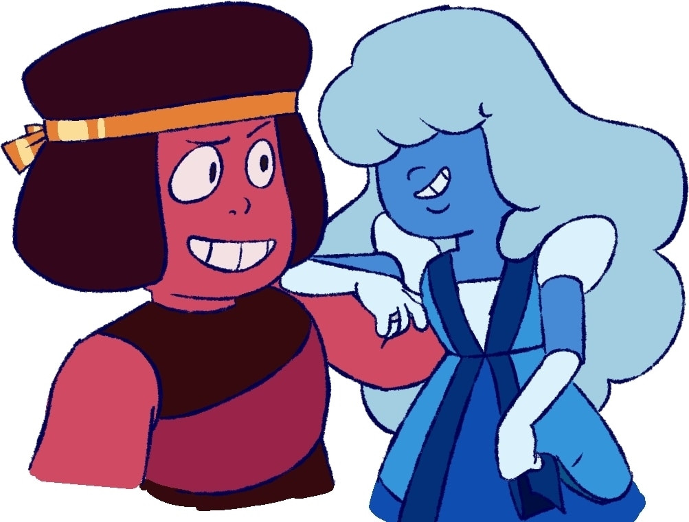 A half body drawing of Ruby and Sapphire. They are looking, and holding onto,
 each other.