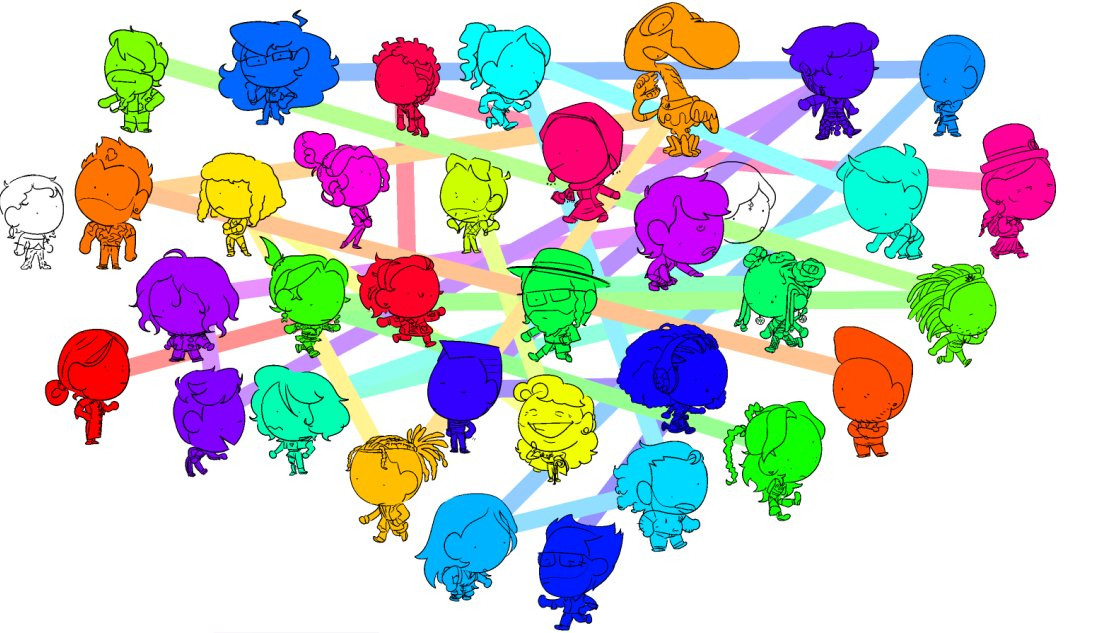 A random arrangement of mono-colored characters in chibi style. Faint thick lines connect them following a rainbow pattern