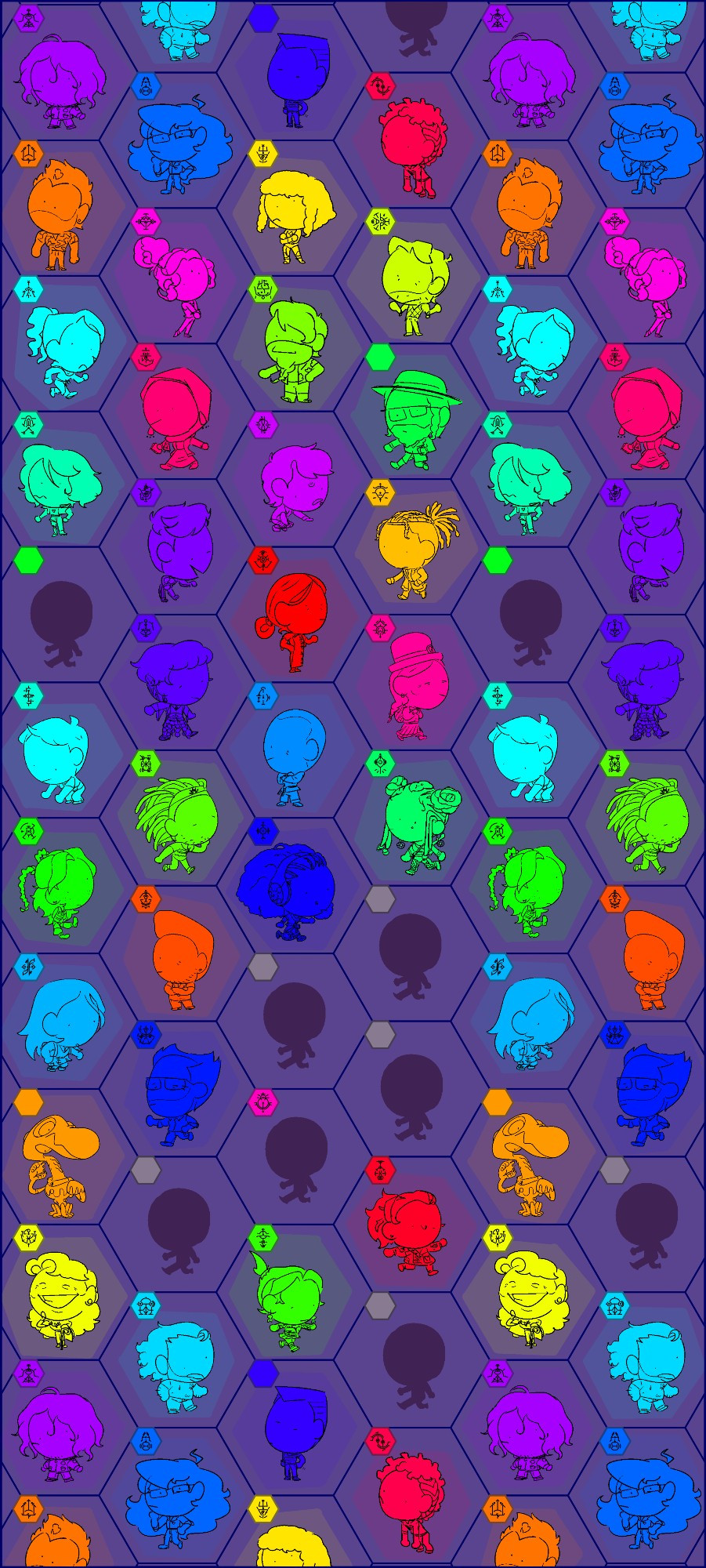 A purple hexagonal grid with 40 mono-colored characters, on a repeating pattern