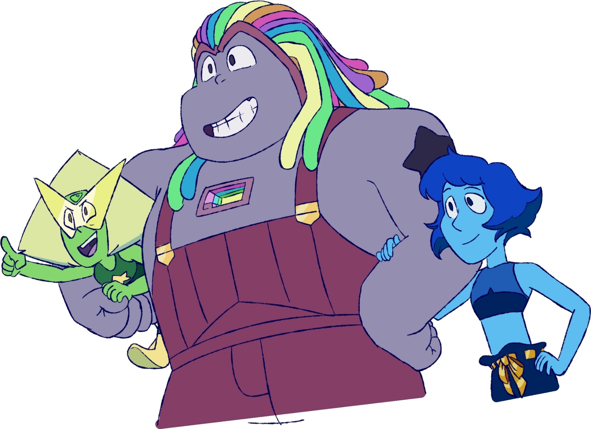 A half body drawing of the B Team, all facing to the left. Lapis Lazuli is grabbing Bismuth by her forearm, while Bismuth is holding Peridot like a handbag.