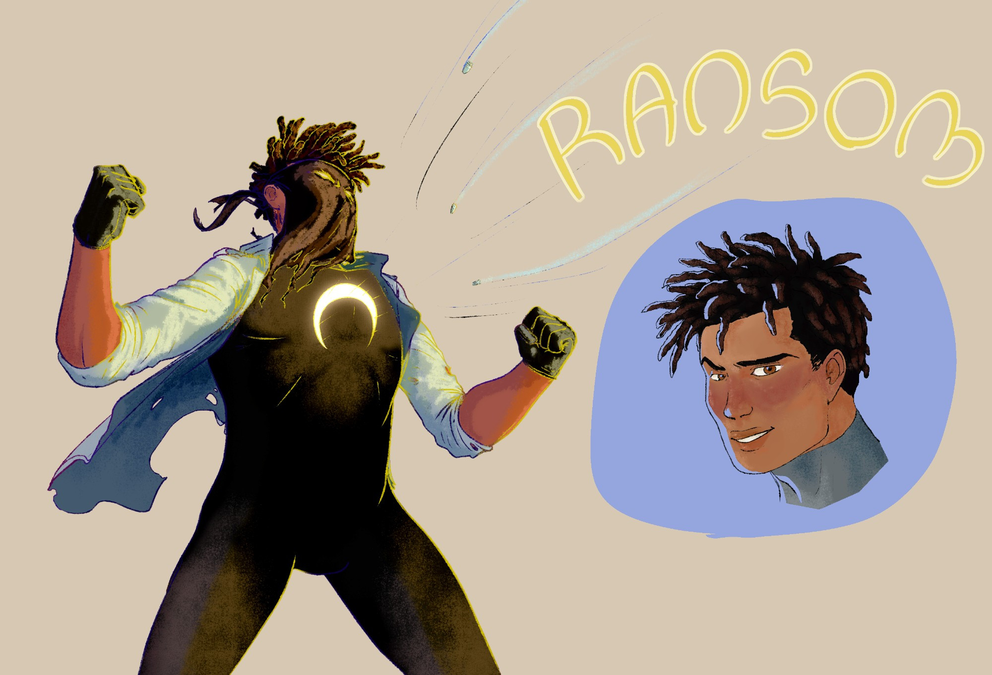 A drawing of Ransom seen from below on a yellowish light, exposing his chest to bullets that are being atracted to his heart. To it right, the word "Ransom" and below a headshot of his face unmasked looking at the viewer.