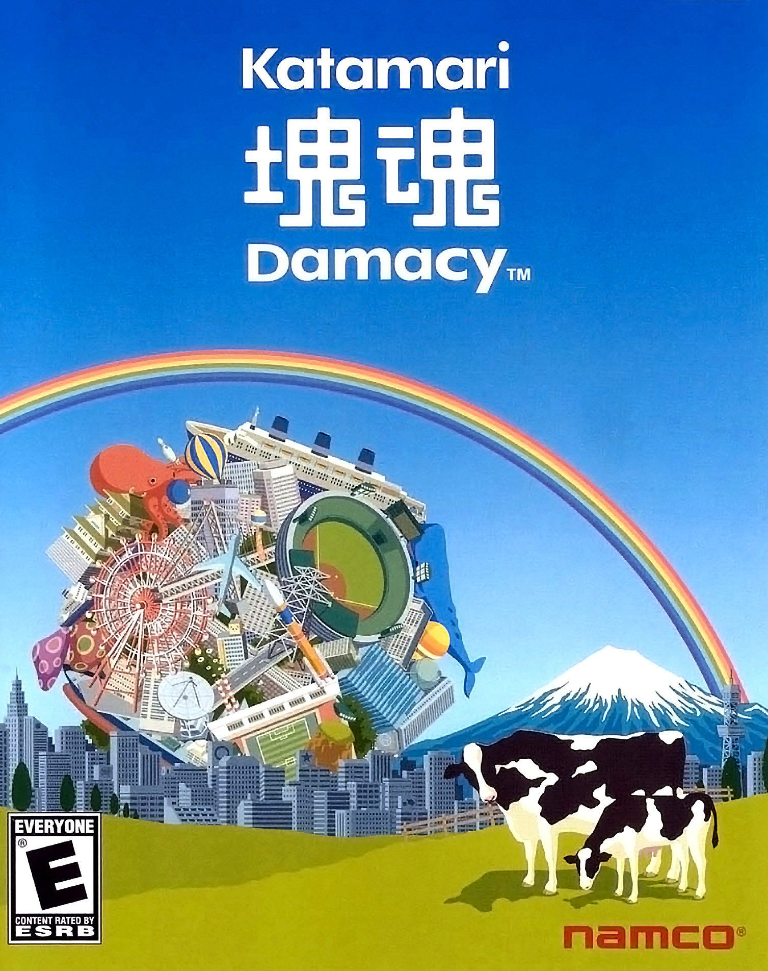 North American box art of the videogame "Katamari Damacy". There is a cow with its calf in the foreground. Behind them is a city skyline with a  large ball of various buildings, vehicles, and creatures approaching a snow-capped mountain, a rainbow arching overhead. 