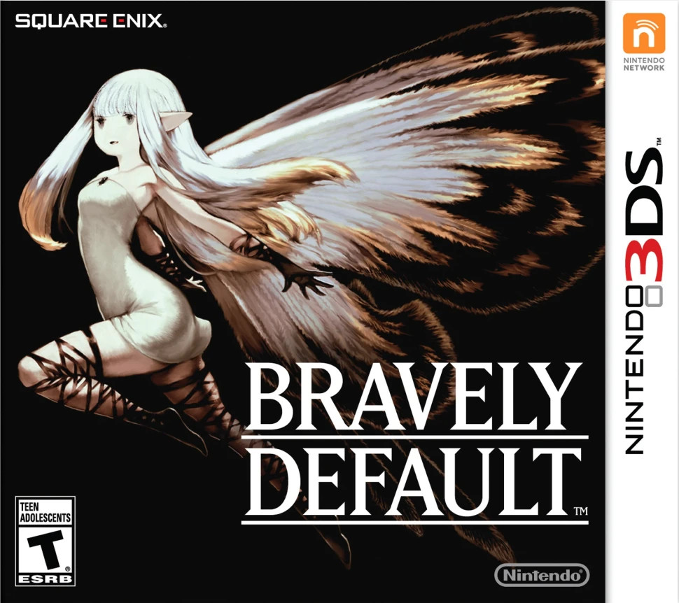 North American box art of the videogame "Bravely Default". The tile of the game is positioned in the lower right corner. A fairy with long white hair and butterfly wings is pictured leaping forward against a black background.