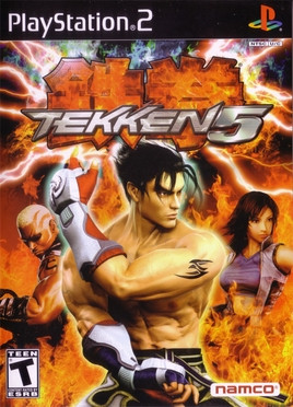 Box art for the videogame "Tekken 5". The logo is placed in top centre, with the main character Jin Kazama in a fighting stance pictured below it. Behind him are two other playable characters. On the left is Raven, and to the right is Asuka Kazama.