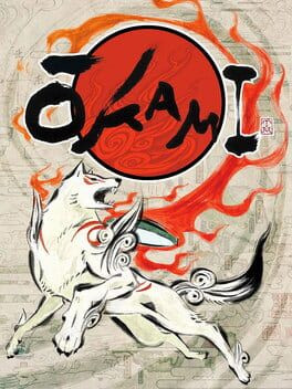 Cover art illustration of the North American release of the Playstation 2 videogame "Okami". It depicts the logo of the videogame above the main character Amaterasu in the form of a wolf leaping mid-air.