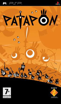 European box art of the videogame "Patapon". It depicts an army of anthropomorphic eyeballs called Patapon equipped with spear, bows, swords, and shields marching against an orange background. Superimposed on the background are three Patapon with monsters looming overhead.