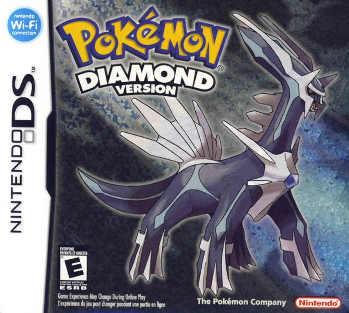 Box Art of the North American release of Pokemon Diamond. The logo is positioned on the top left corner. The featured Pokemon is Dialga, centred against a dark blue backdrop.