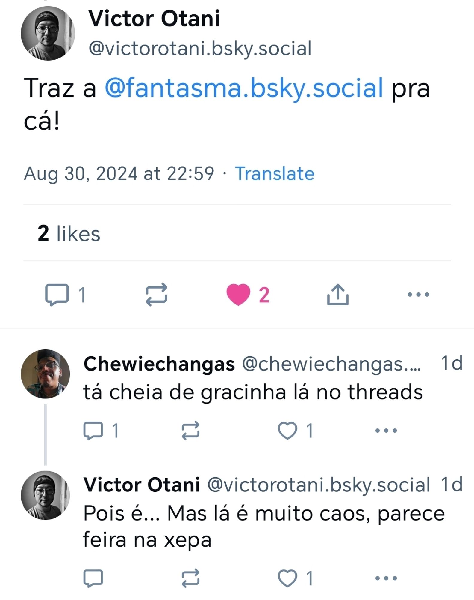 Print do Victor pedindo pro Chewie me trazer para o Bluesky. O Chewie diz que eu estou cheia de gracinha no Threads e o Victor diz que a outra rede é muito caótica