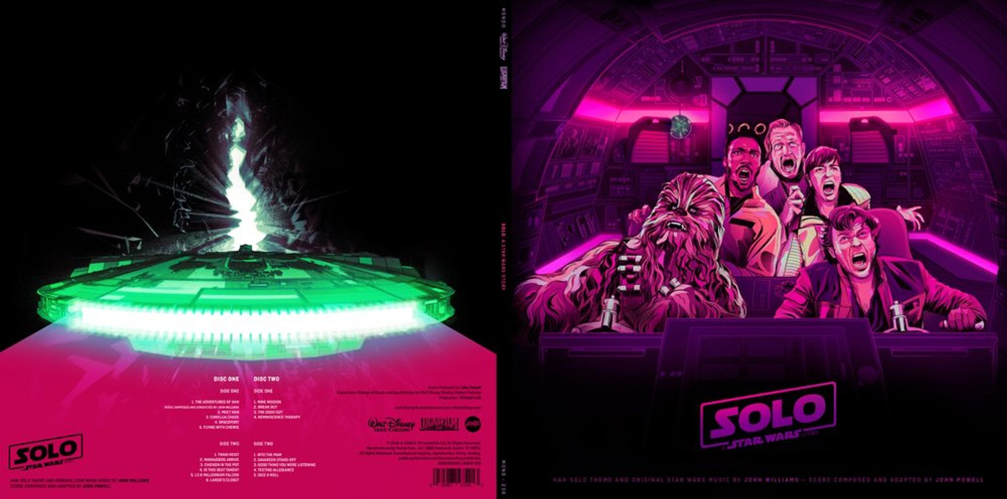 Back and front of Album artwork. Back on left shows the back of the Falcon traveling through the Maw. Front on right shows Han, Chewie, Qi'ra, Lando and Becket screaming